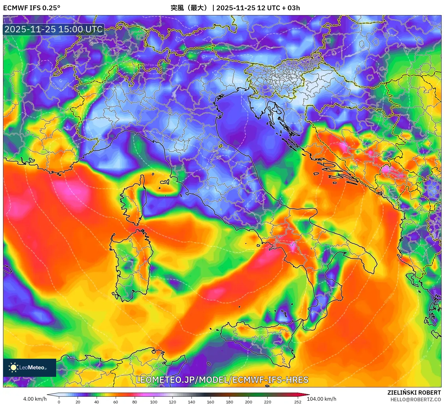 ECMWF IFS 0.25° model - イタリア, 突風（最大）