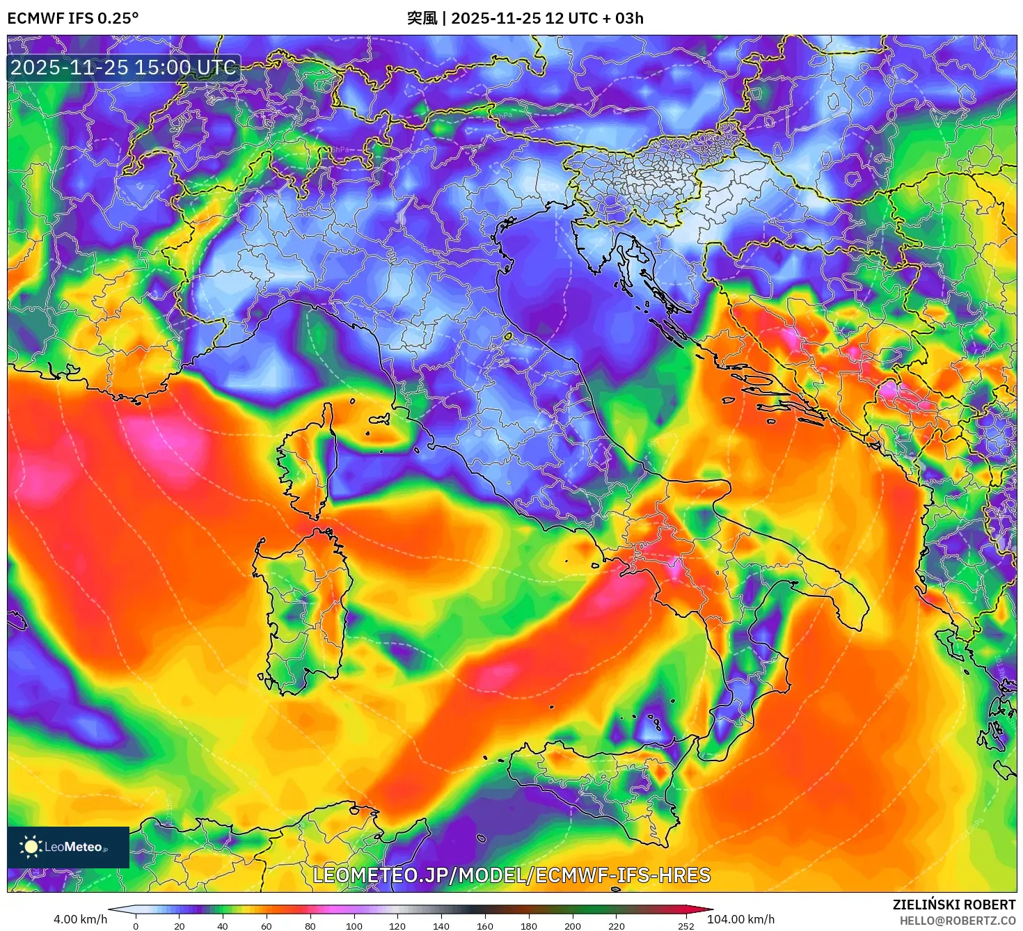 ECMWF IFS 0.25° model - イタリア, 突風