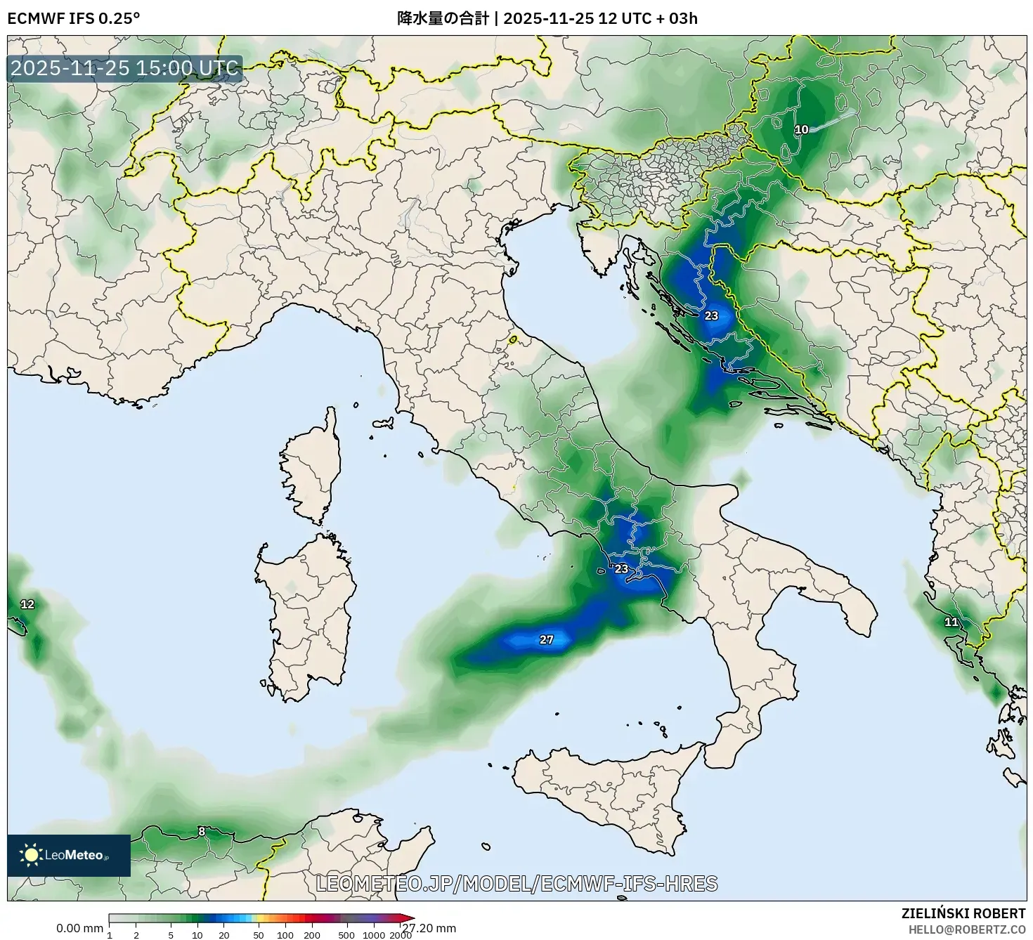 ECMWF IFS 0.25° model - イタリア, 降水量の合計