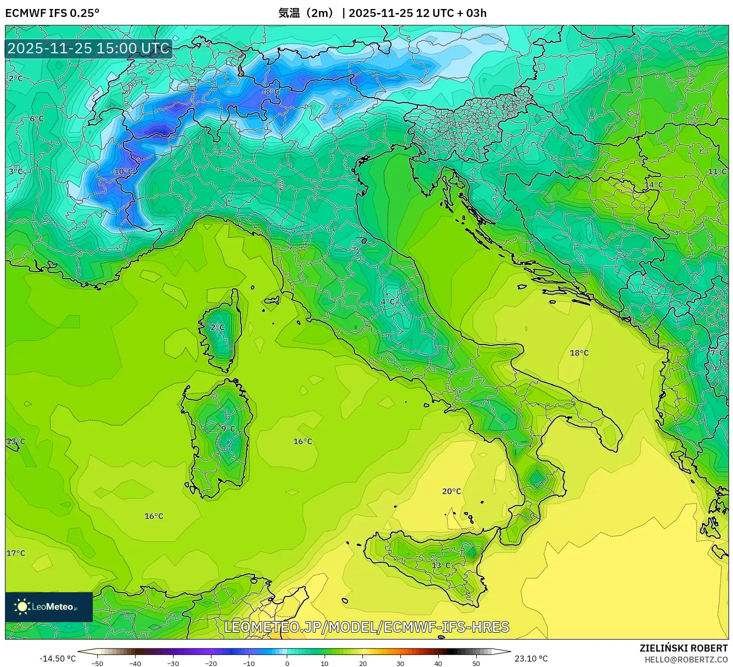 ECMWF IFS 0.25° model - イタリア, 気温（2m）