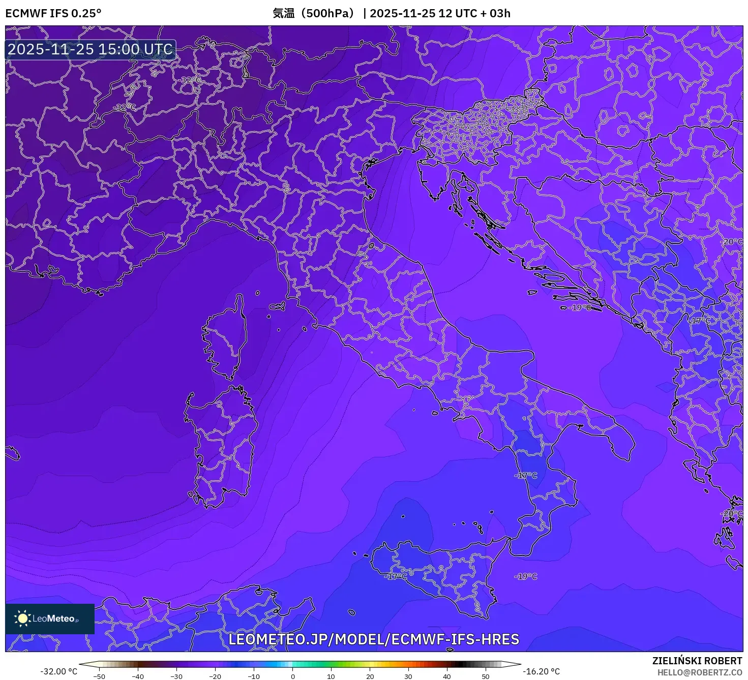 ECMWF IFS 0.25° model - イタリア, 気温（500hPa）