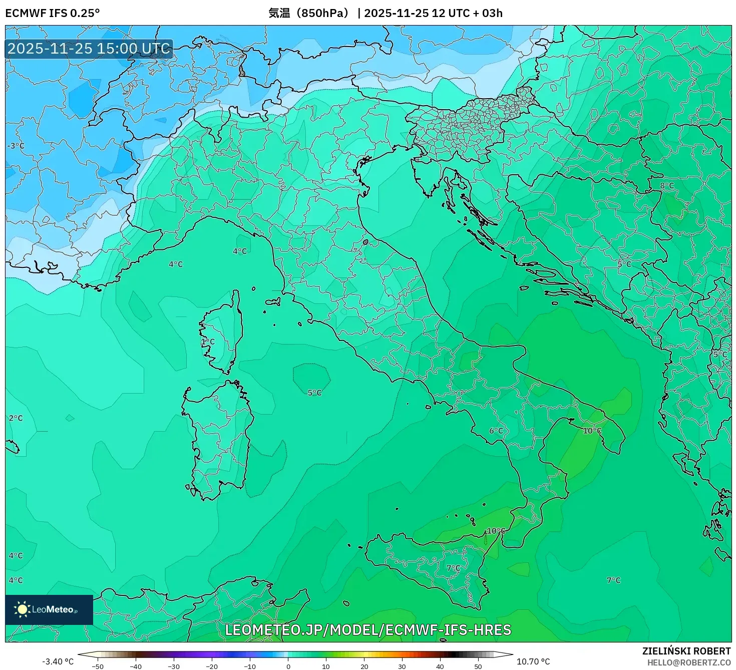 ECMWF IFS 0.25° model - イタリア, 気温（850hPa）