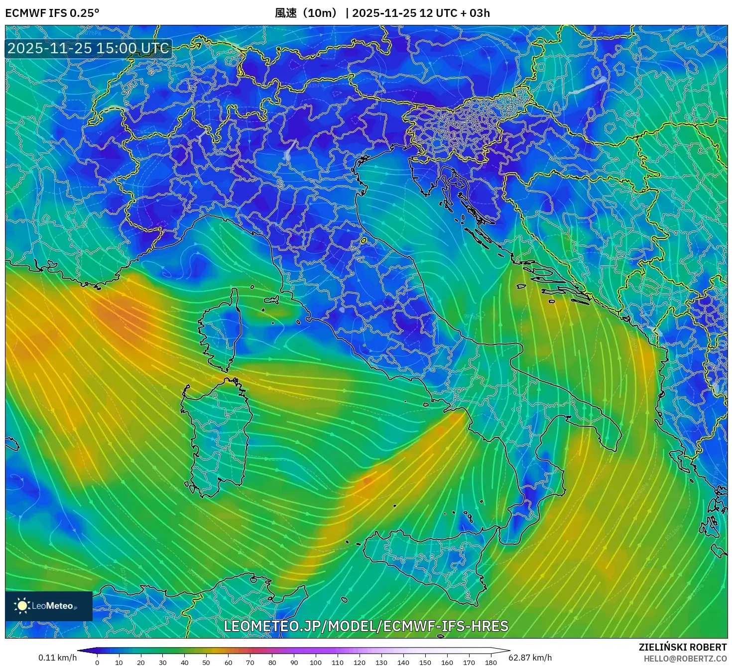 ECMWF IFS 0.25° model - イタリア, 風速（10m）