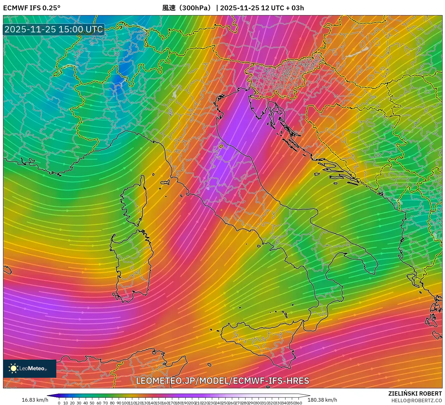 ECMWF IFS 0.25° model - イタリア, 風速（300hPa）