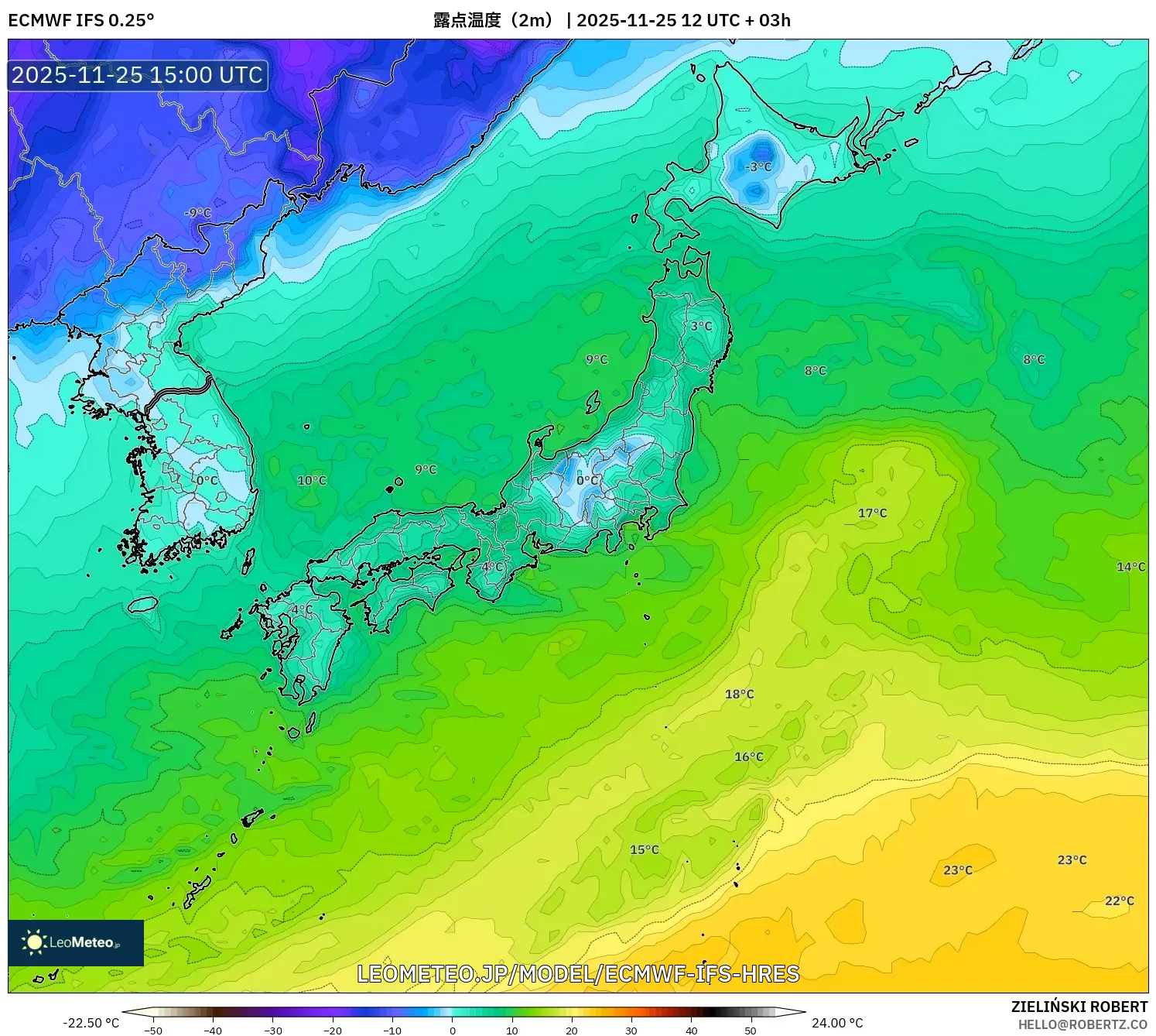 ECMWF IFS 0.25° model - 日本, 露点温度（2m）