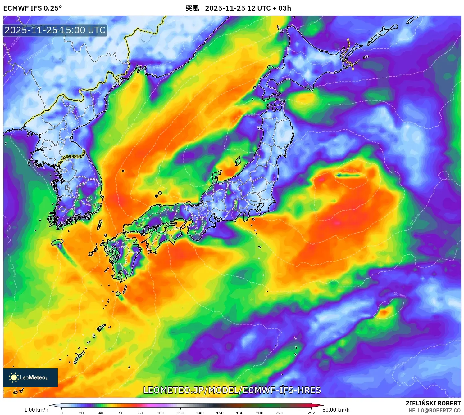 ECMWF IFS 0.25° model - 日本, 突風