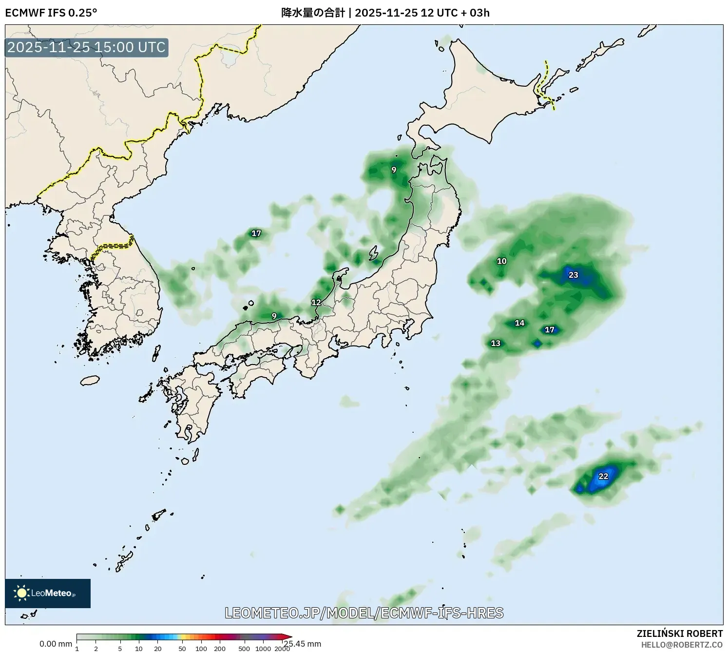 ECMWF IFS 0.25° model - 日本, 降水量の合計