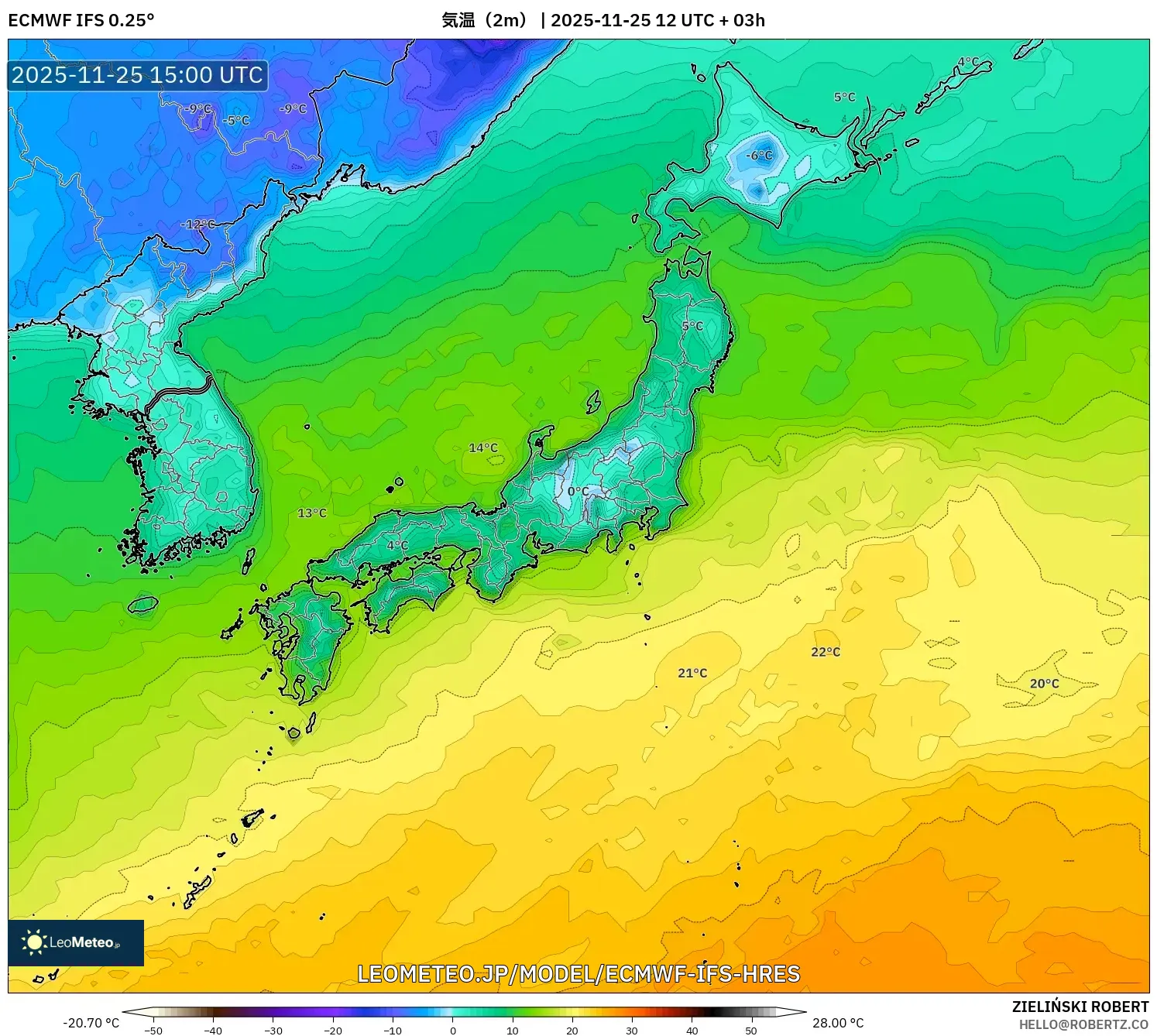 ECMWF IFS 0.25° model - 日本, 気温（2m）