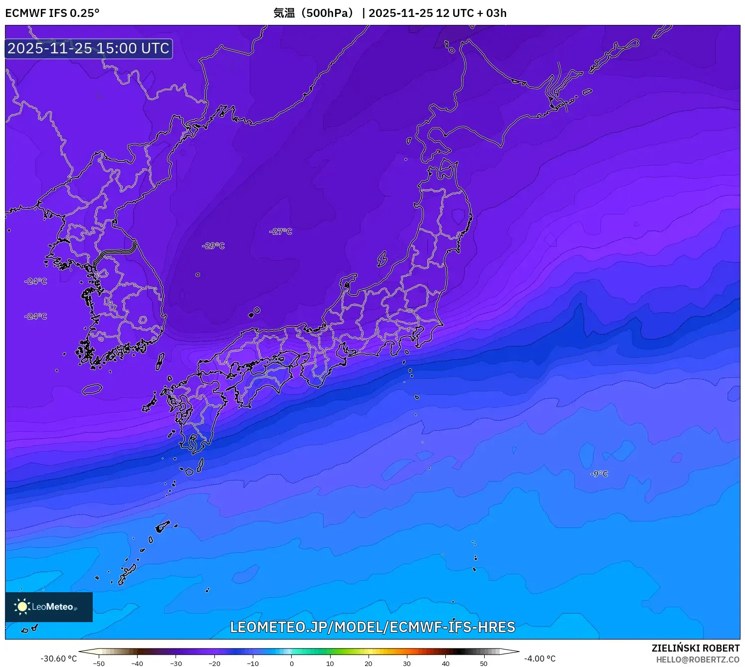 ECMWF IFS 0.25° model - 日本, 気温（500hPa）