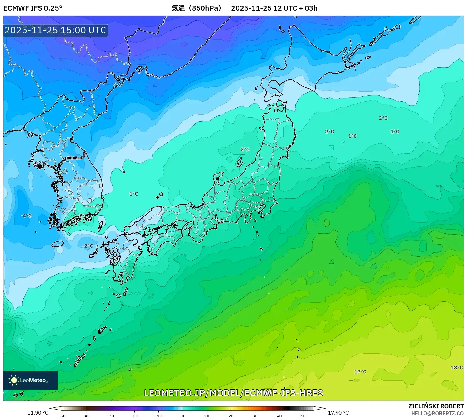 ECMWF IFS 0.25° model - 日本, 気温（850hPa）