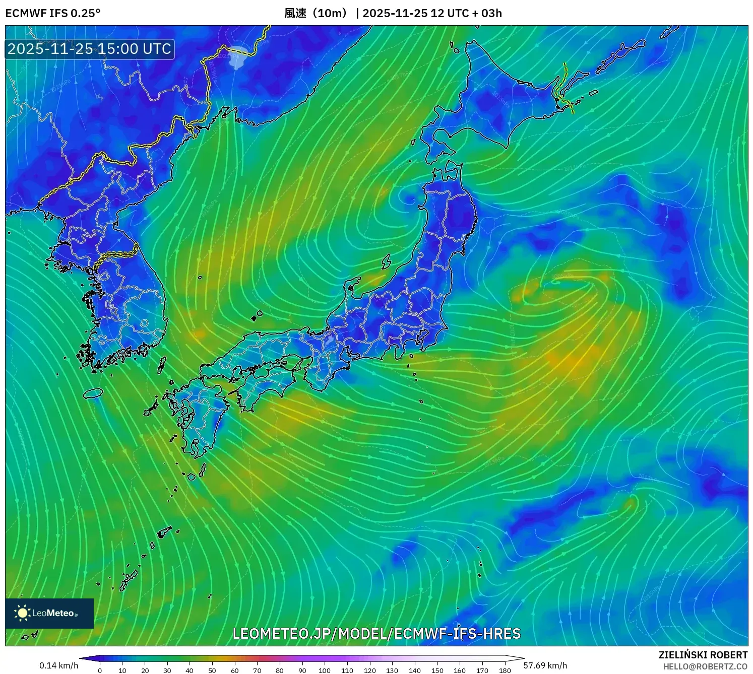 ECMWF IFS 0.25° model - 日本, 風速（10m）