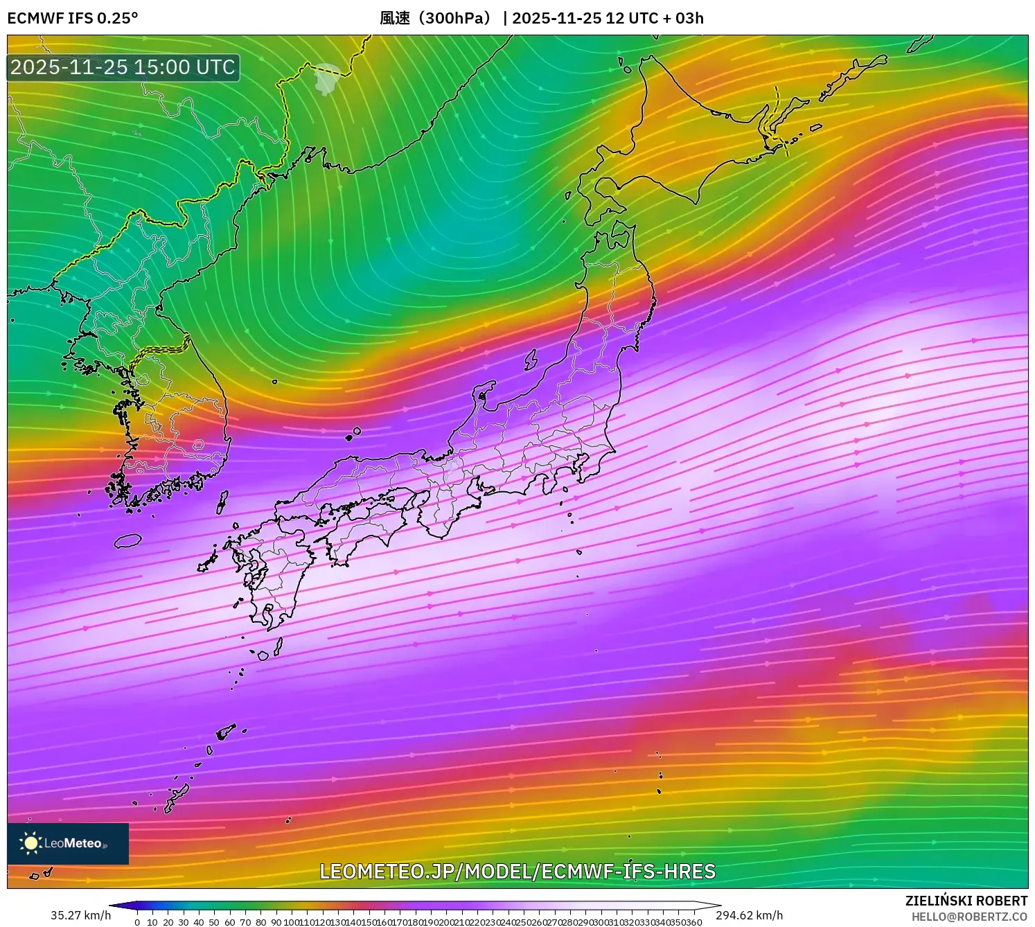 ECMWF IFS 0.25° model - 日本, 風速（300hPa）