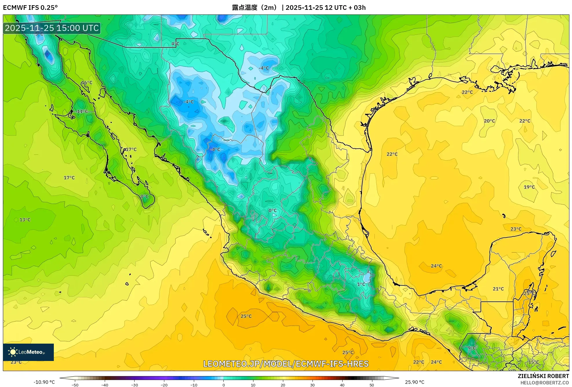 ECMWF IFS 0.25° model - メキシコ, 露点温度（2m）