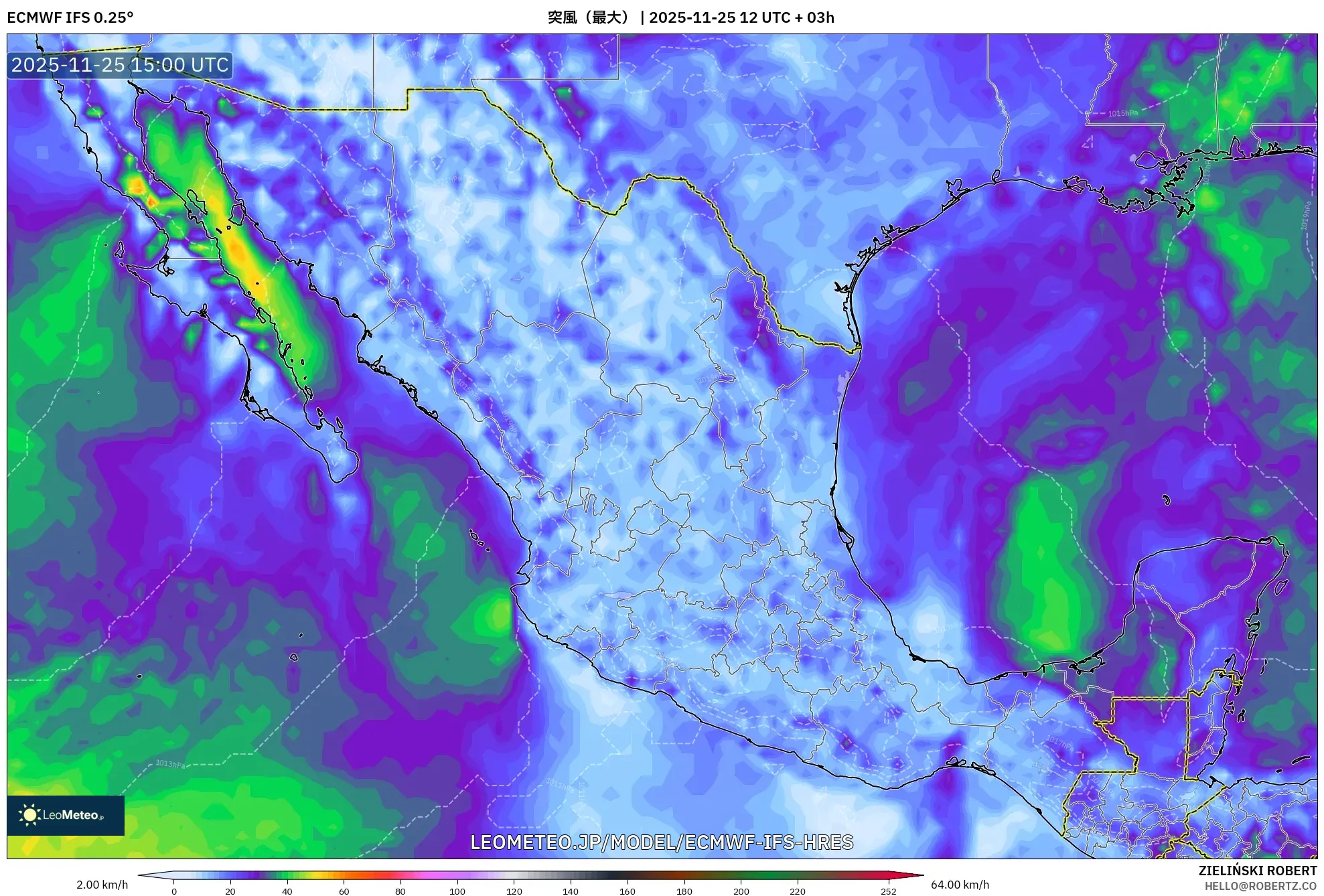 ECMWF IFS 0.25° model - メキシコ, 突風（最大）