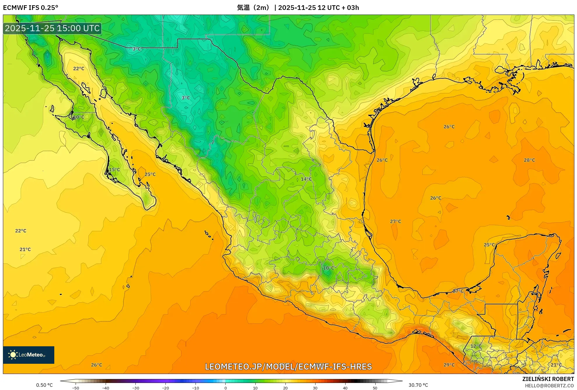 ECMWF IFS 0.25° model - メキシコ, 気温（2m）