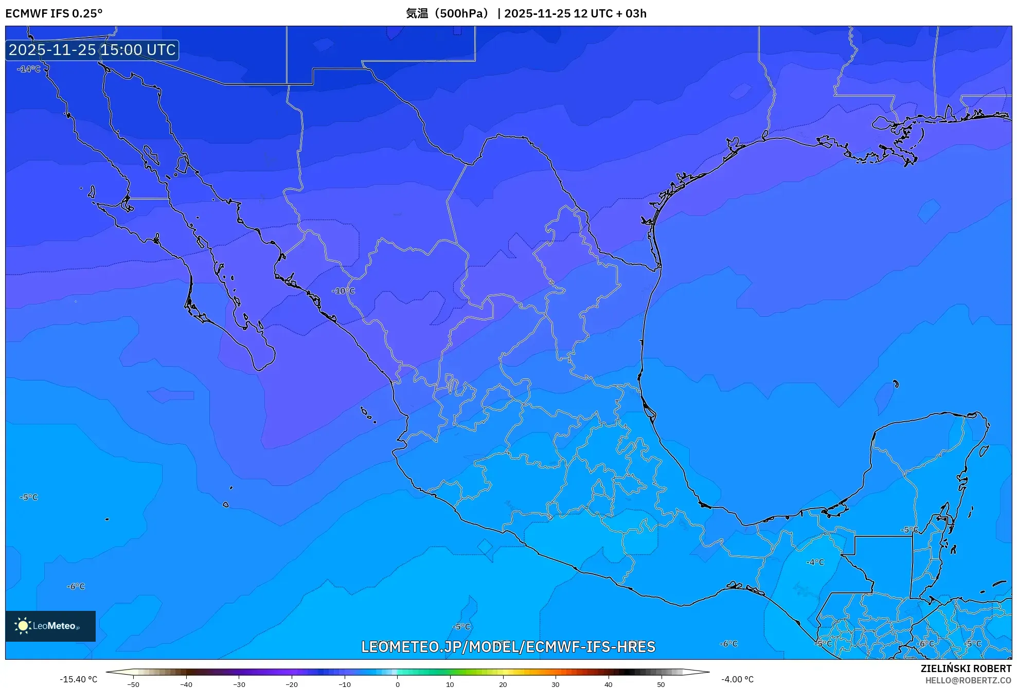 ECMWF IFS 0.25° model - メキシコ, 気温（500hPa）