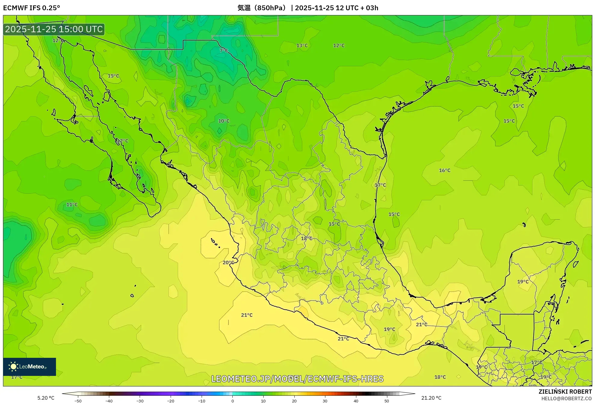 ECMWF IFS 0.25° model - メキシコ, 気温（850hPa）