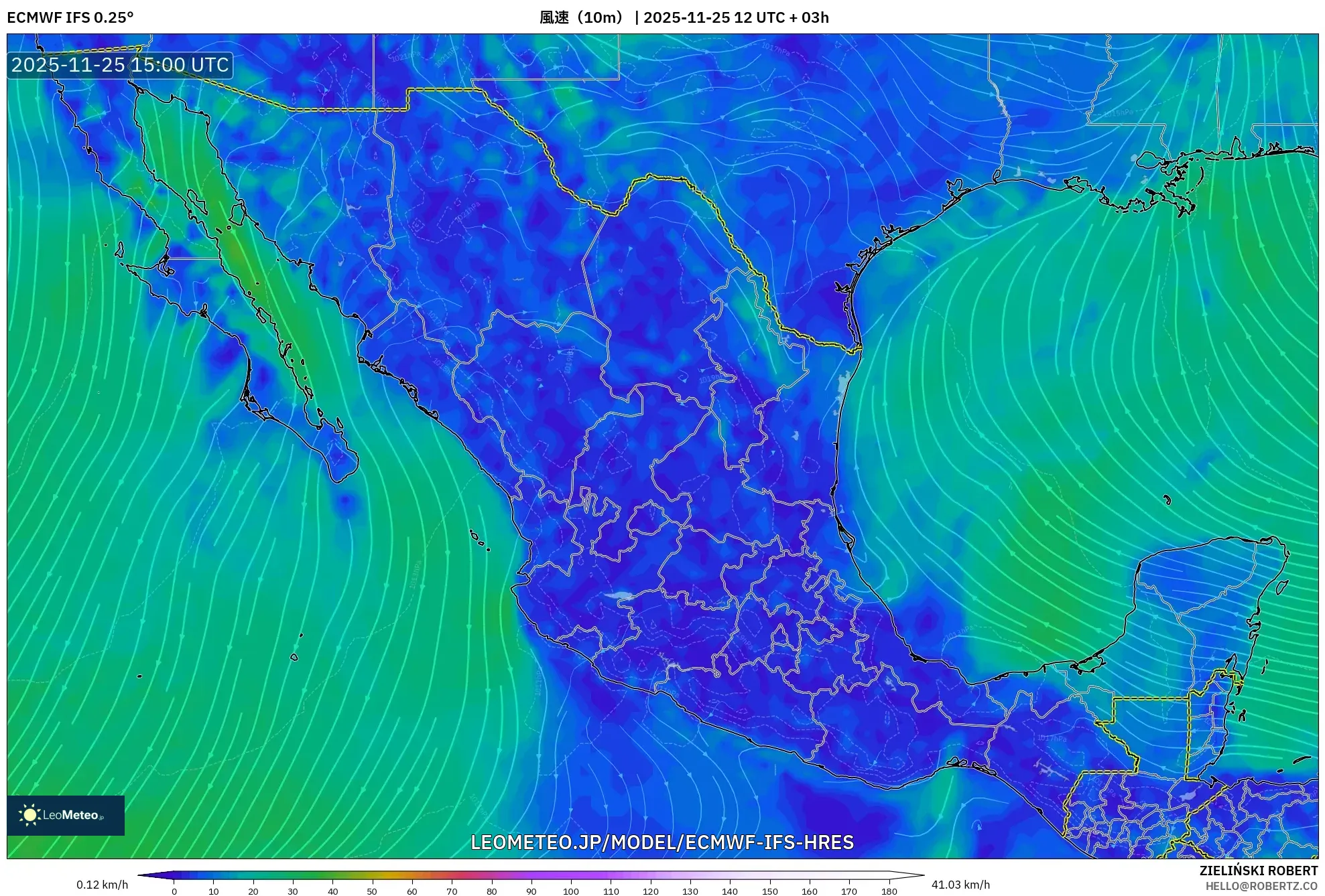 ECMWF IFS 0.25° model - メキシコ, 風速（10m）