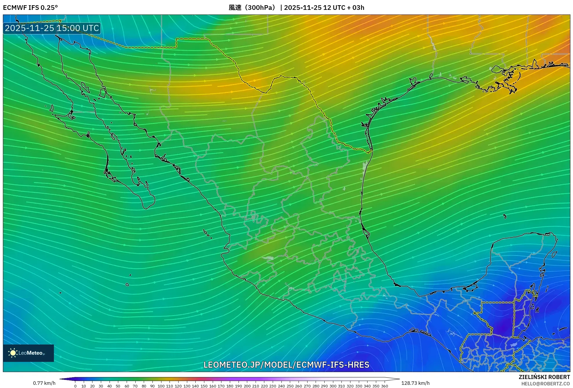 ECMWF IFS 0.25° model - メキシコ, 風速（300hPa）