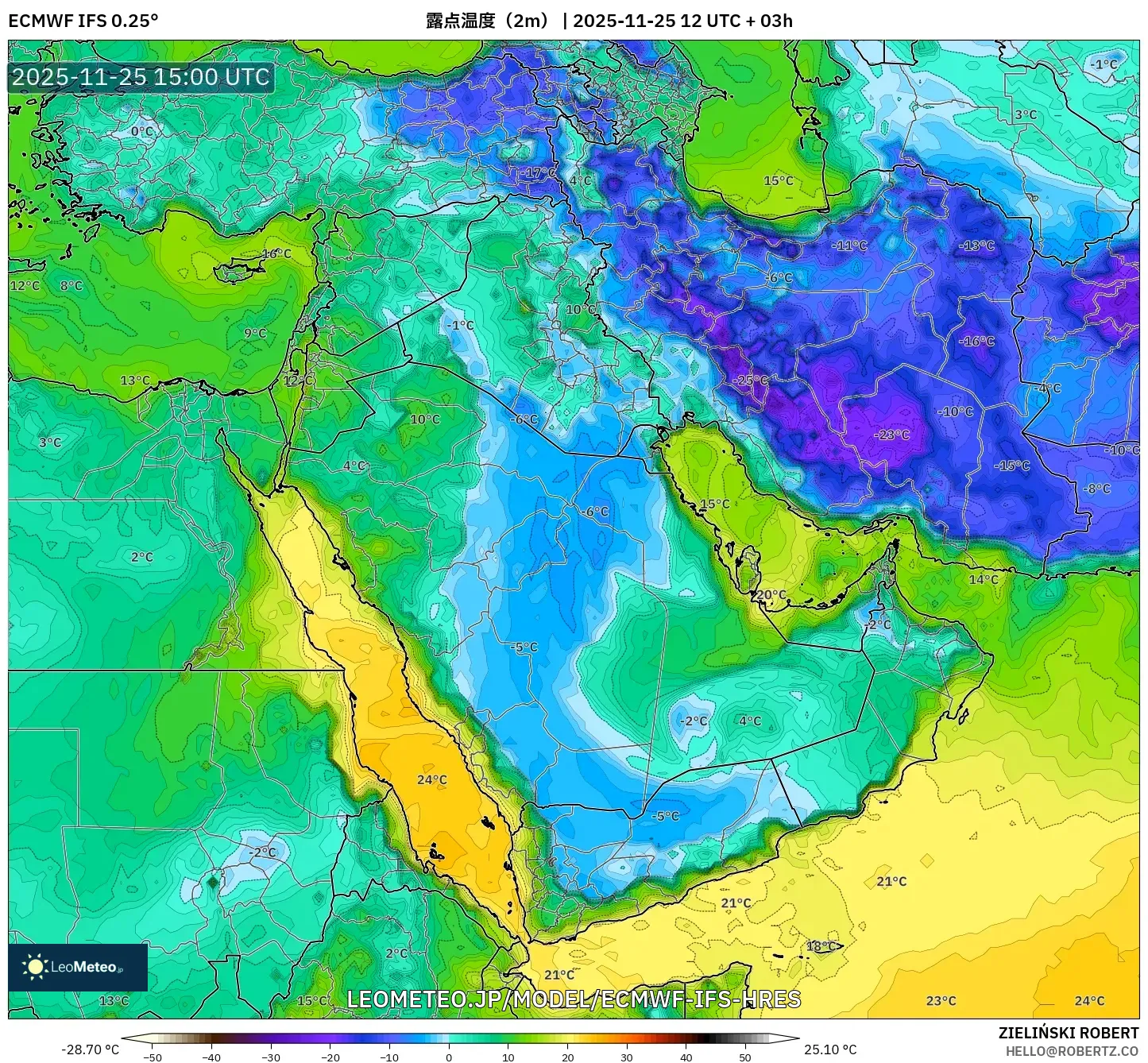 ECMWF IFS 0.25° model - 中東, 露点温度（2m）