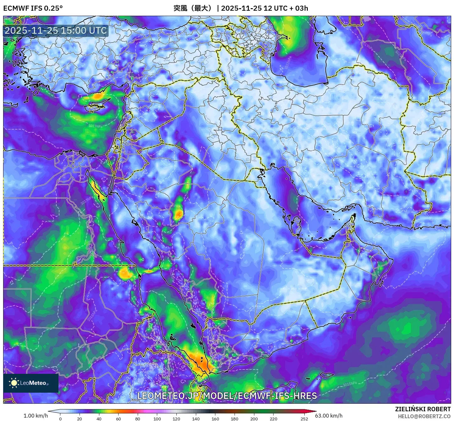 ECMWF IFS 0.25° model - 中東, 突風（最大）