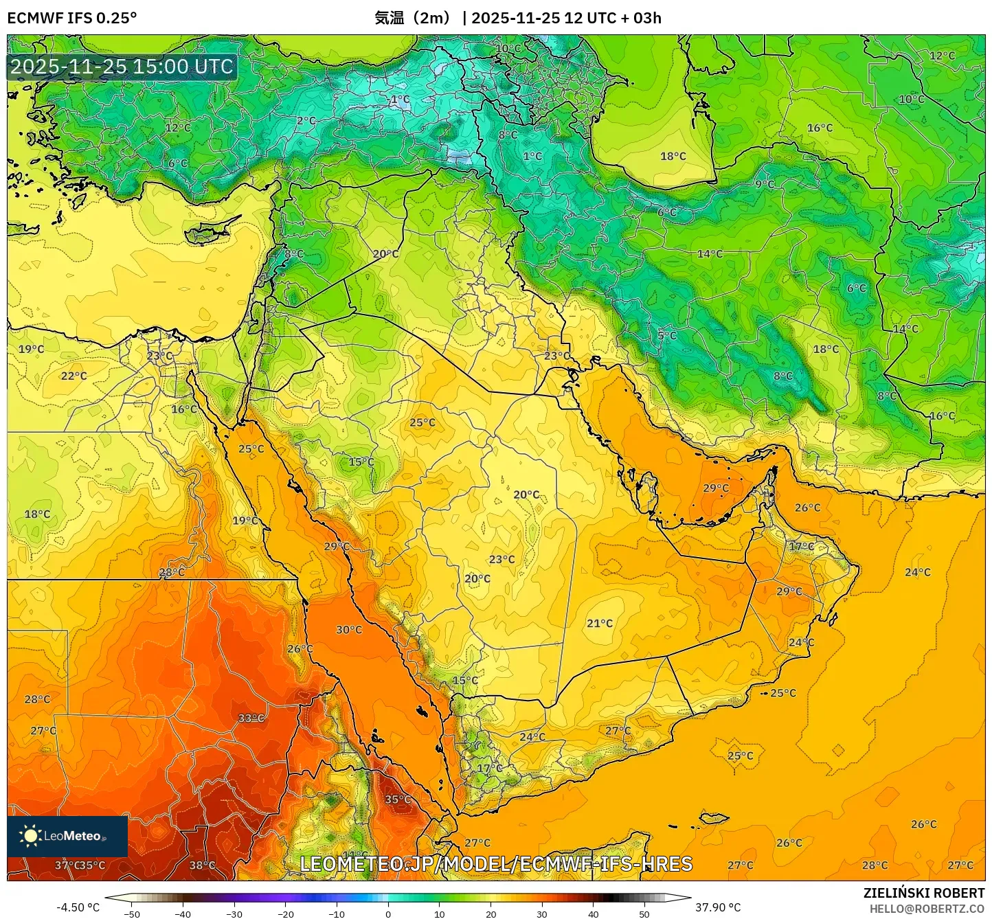ECMWF IFS 0.25° model - 中東, 気温（2m）