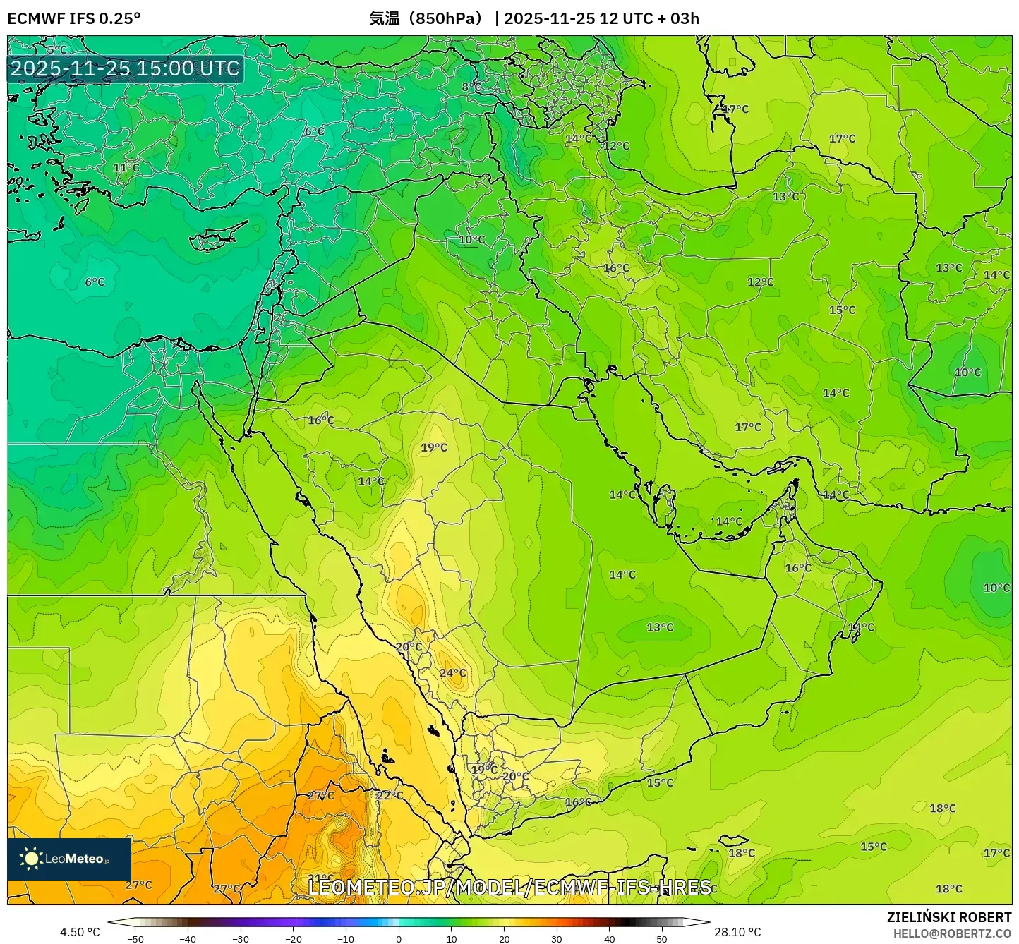 ECMWF IFS 0.25° model - 中東, 気温（850hPa）