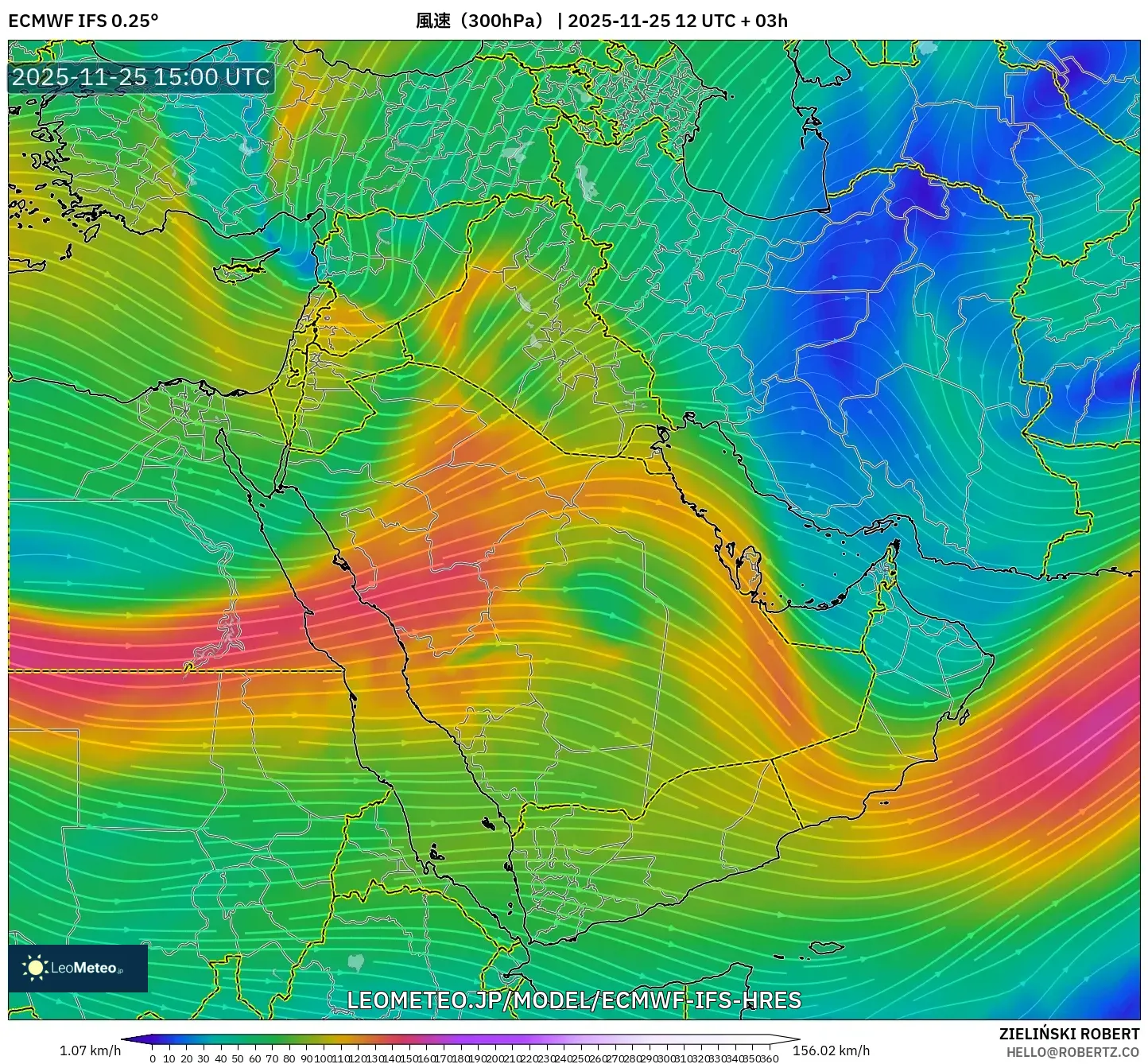 ECMWF IFS 0.25° model - 中東, 風速（300hPa）
