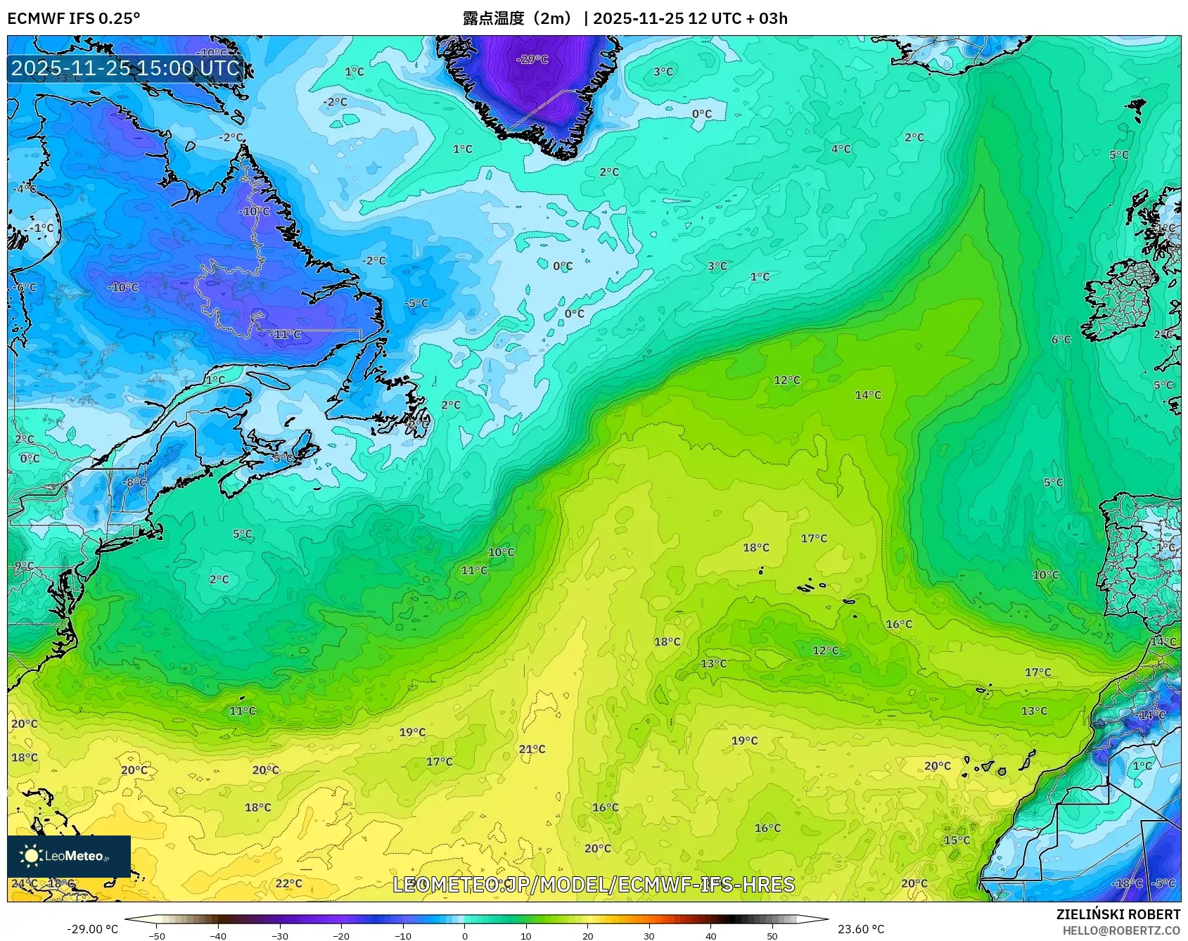 ECMWF IFS 0.25° model - 北大西洋, 露点温度（2m）