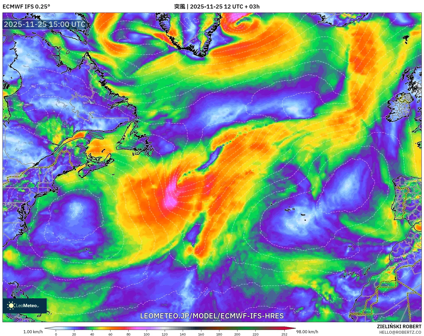 ECMWF IFS 0.25° model - 北大西洋, 突風