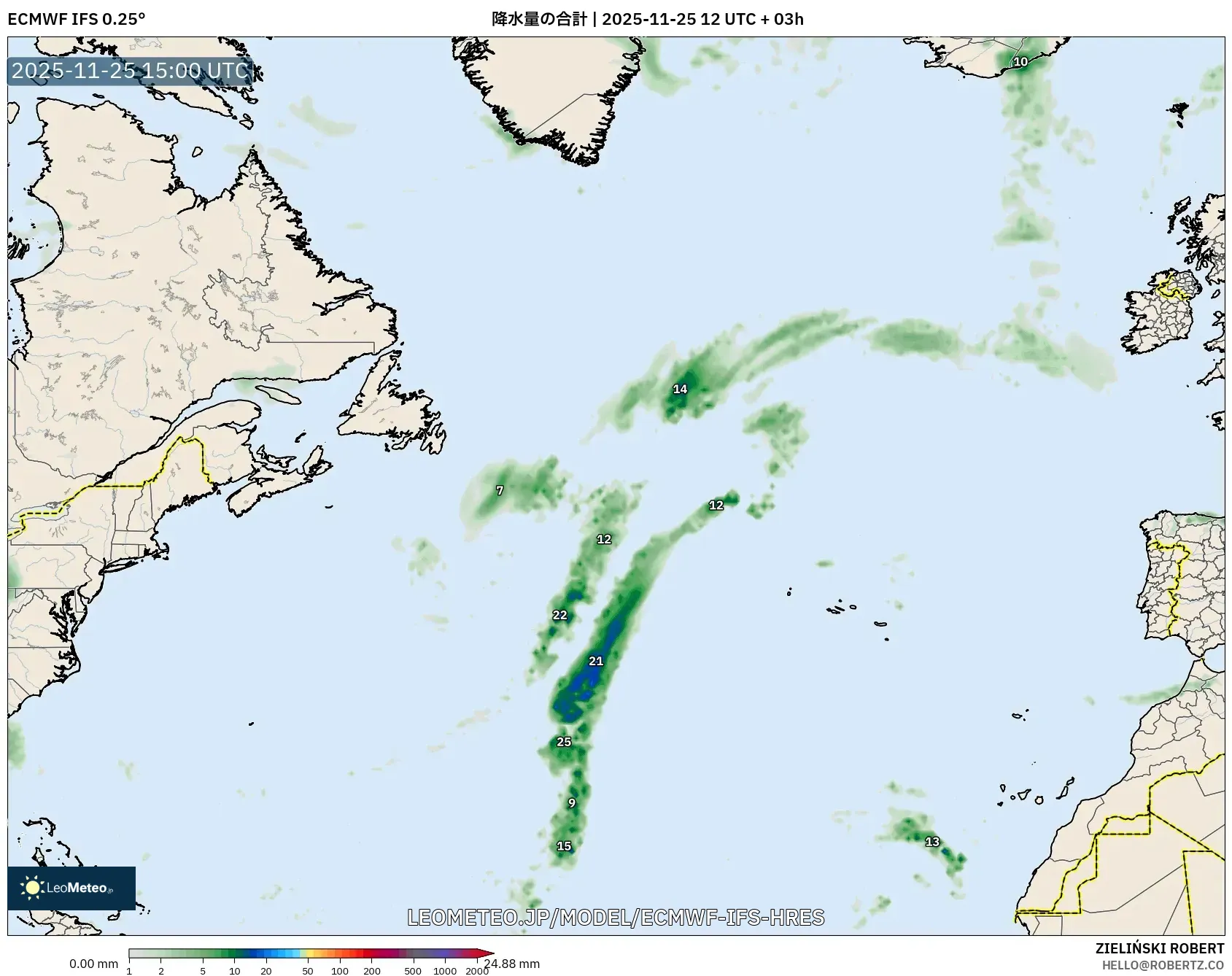 ECMWF IFS 0.25° model - 北大西洋, 降水量の合計