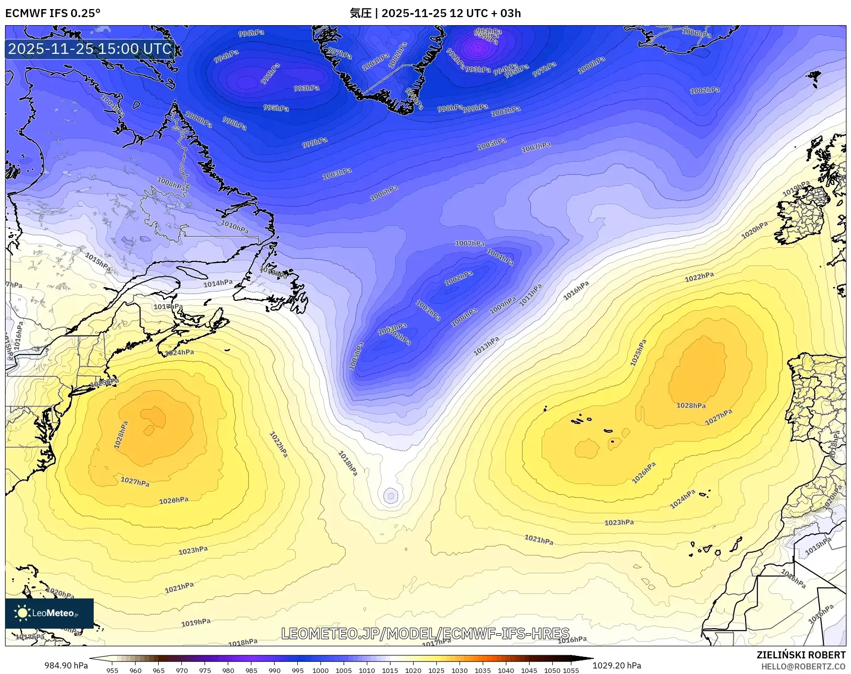 ECMWF IFS 0.25° model - 北大西洋, 気圧