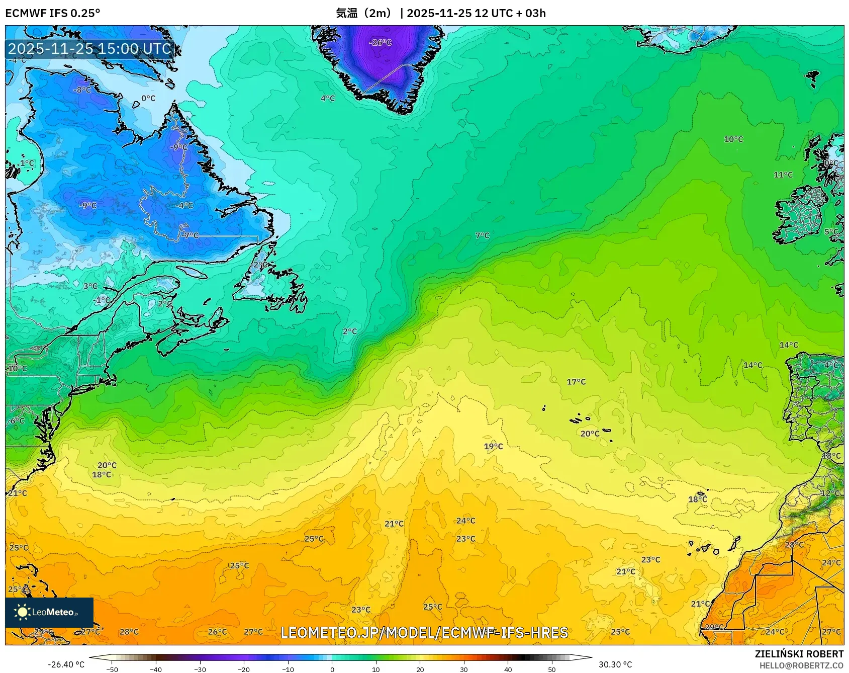 ECMWF IFS 0.25° model - 北大西洋, 気温（2m）