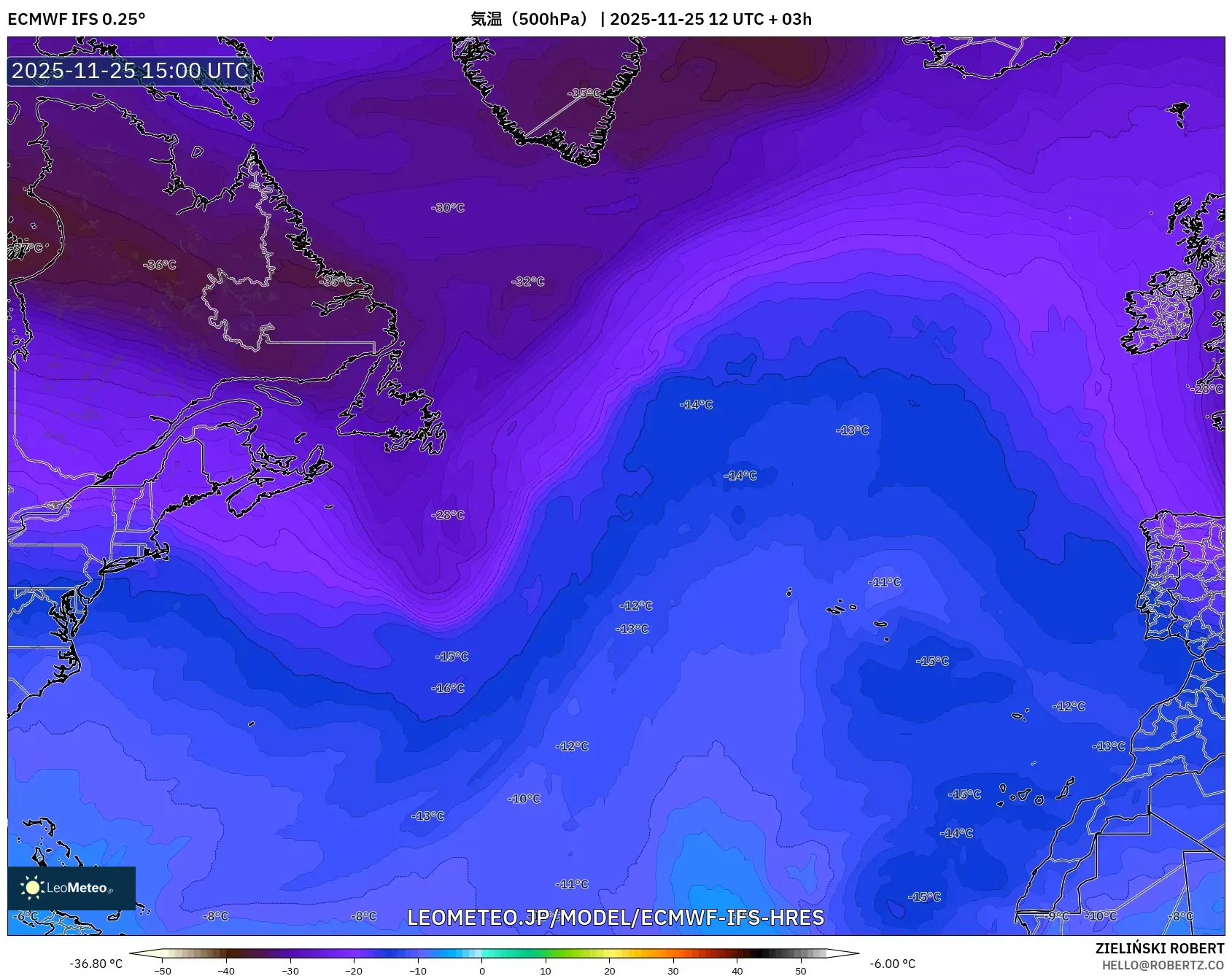 ECMWF IFS 0.25° model - 北大西洋, 気温（500hPa）
