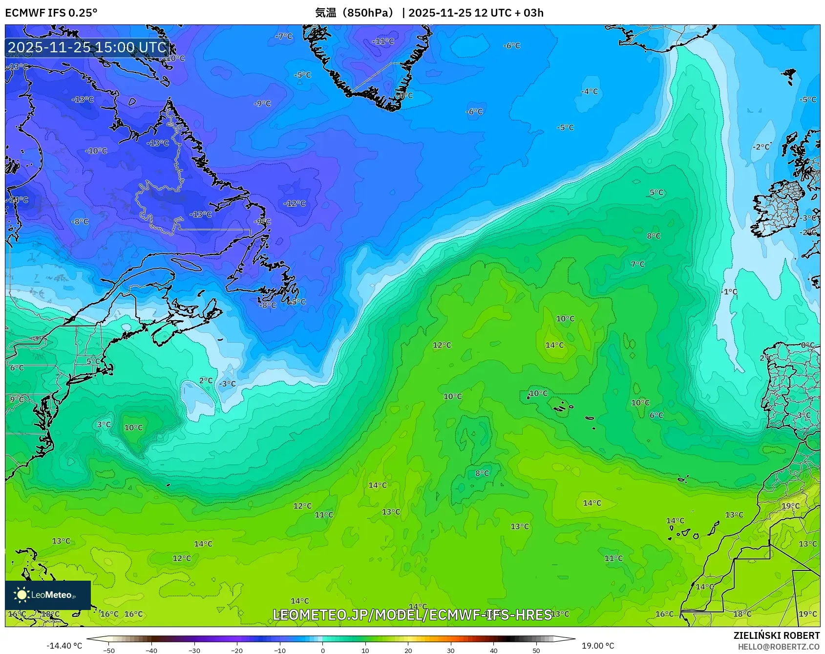 ECMWF IFS 0.25° model - 北大西洋, 気温（850hPa）