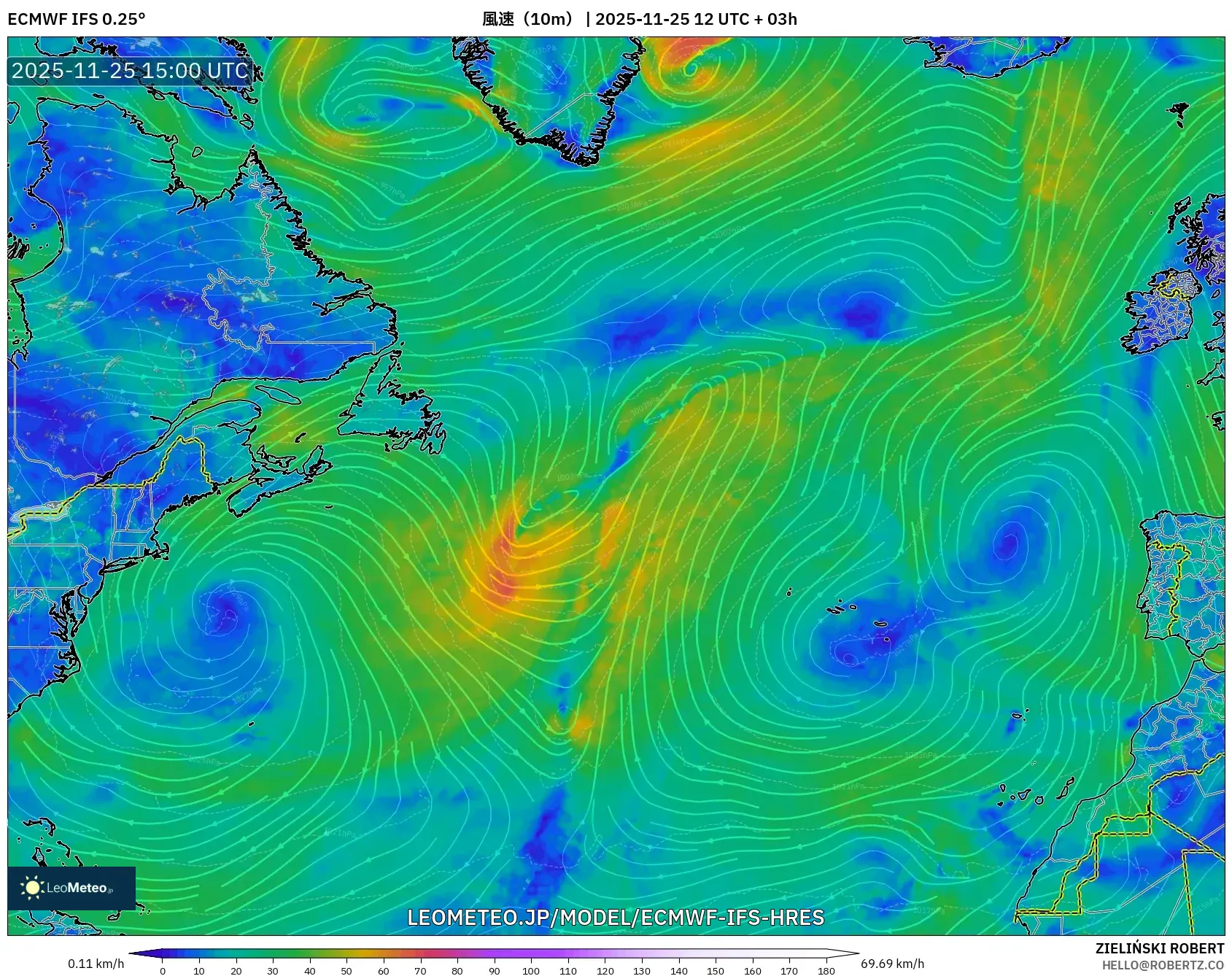 ECMWF IFS 0.25° model - 北大西洋, 風速（10m）