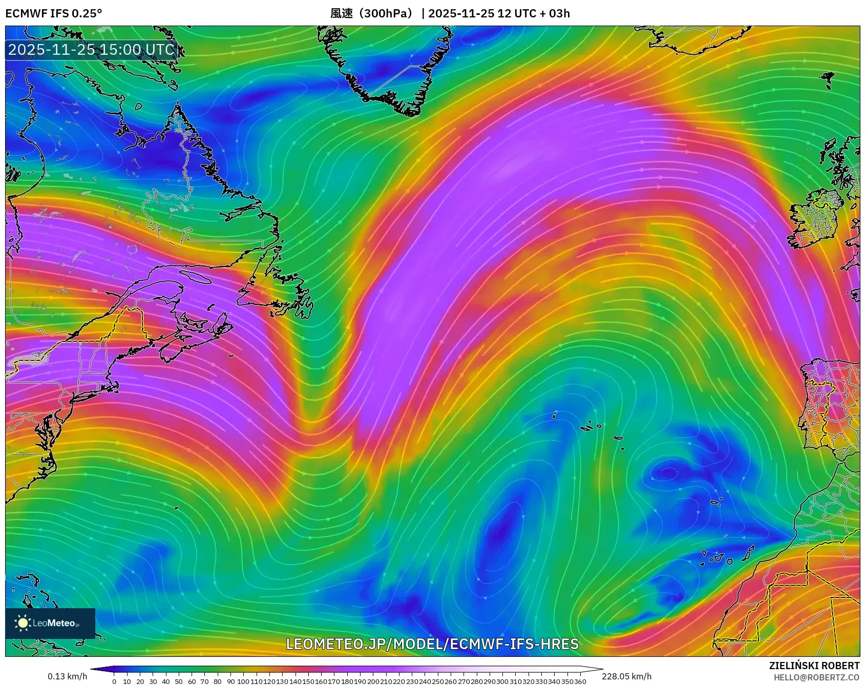 ECMWF IFS 0.25° model - 北大西洋, 風速（300hPa）