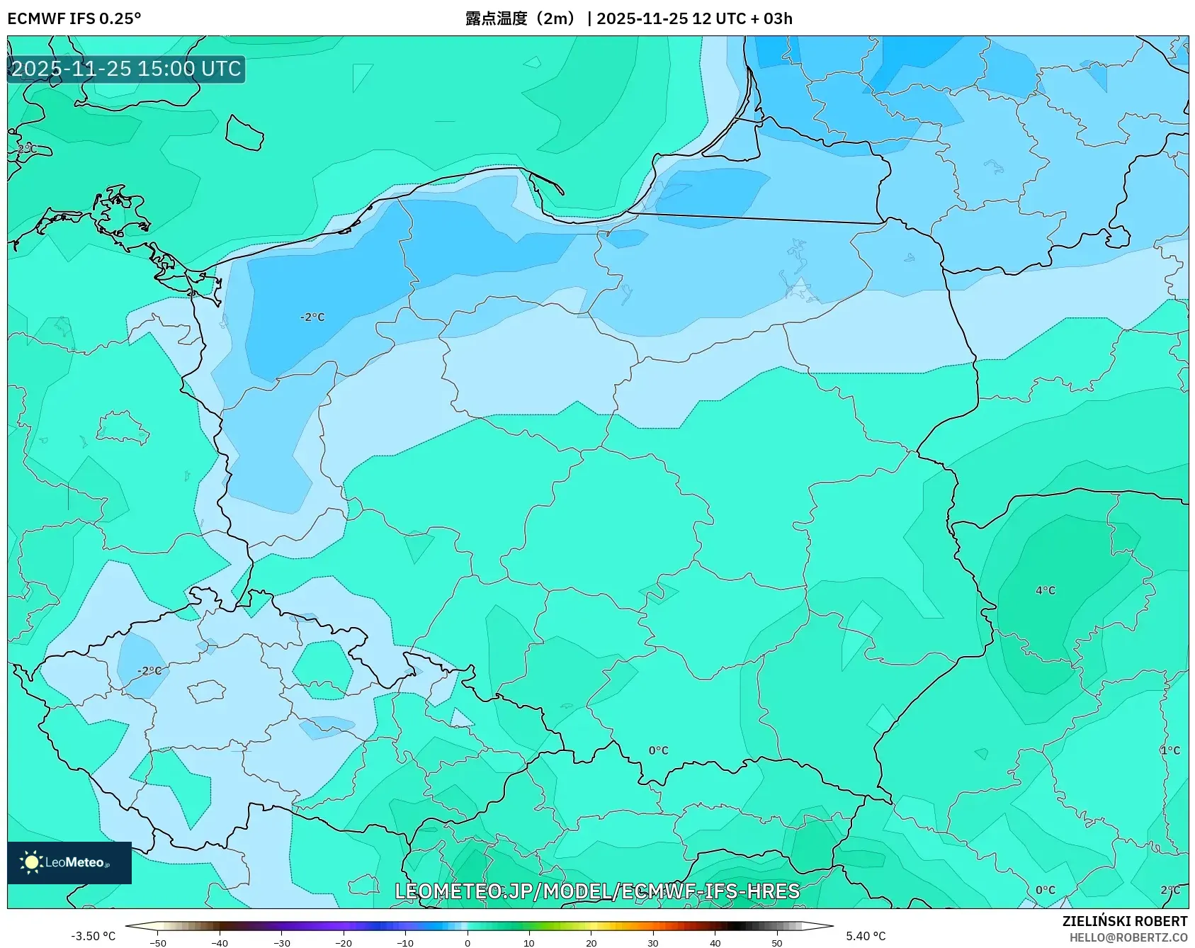 ECMWF IFS 0.25° model - ポーランド, 露点温度（2m）