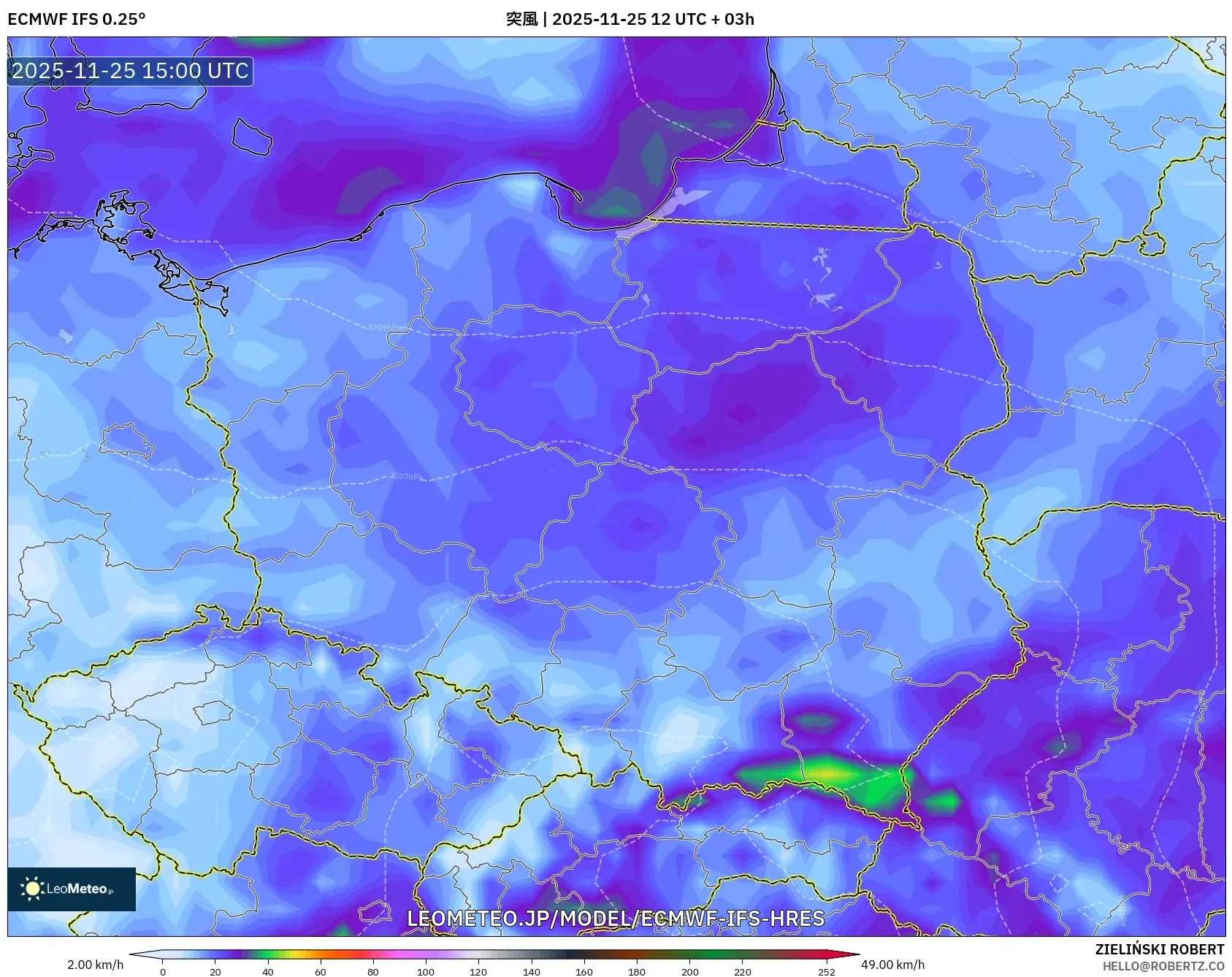 ECMWF IFS 0.25° model - ポーランド, 突風