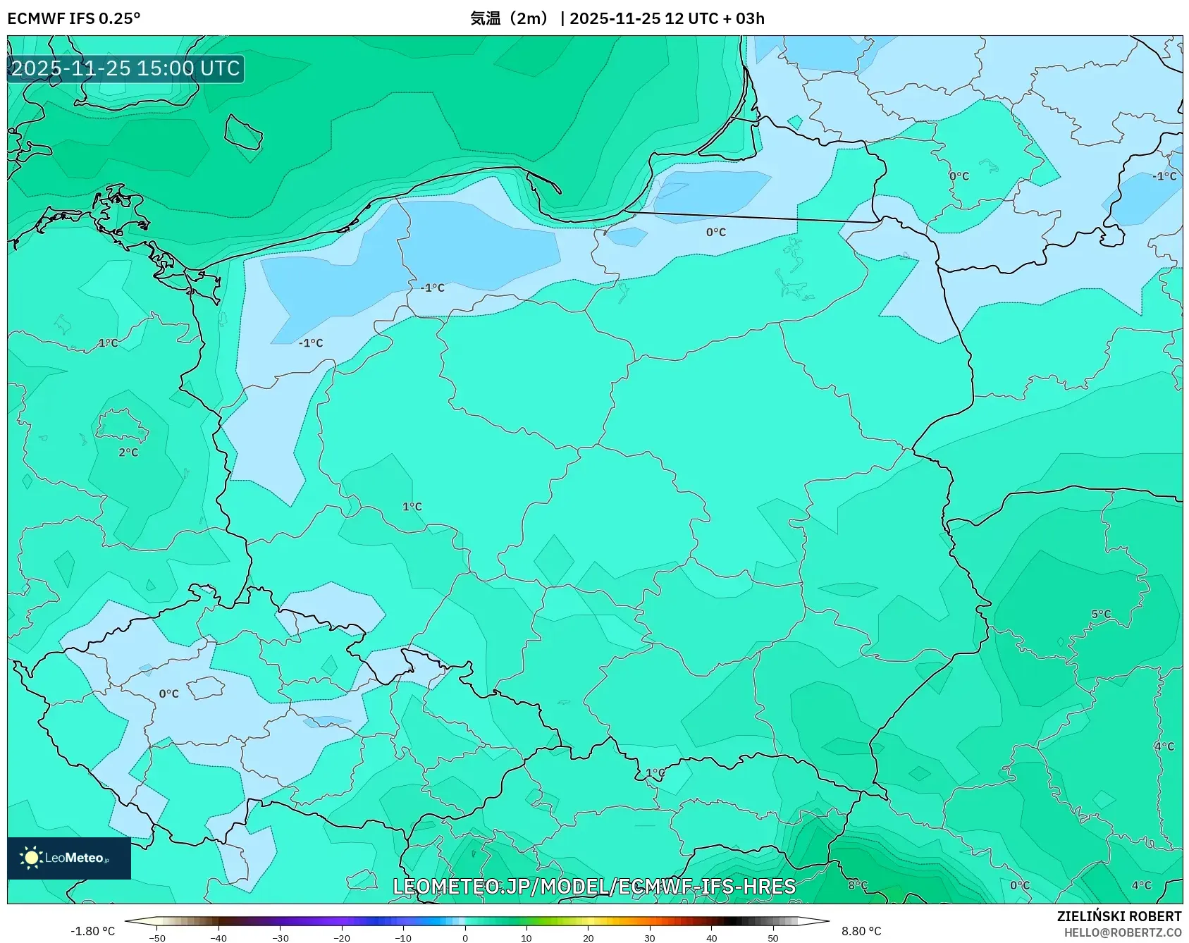 ECMWF IFS 0.25° model - ポーランド, 気温（2m）
