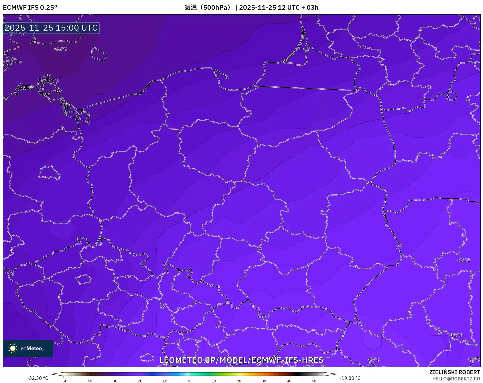 ECMWF IFS 0.25° model - ポーランド, 気温（500hPa）