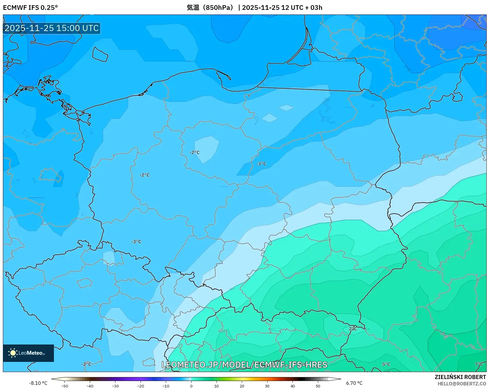 ECMWF IFS 0.25° model - ポーランド, 気温（850hPa）
