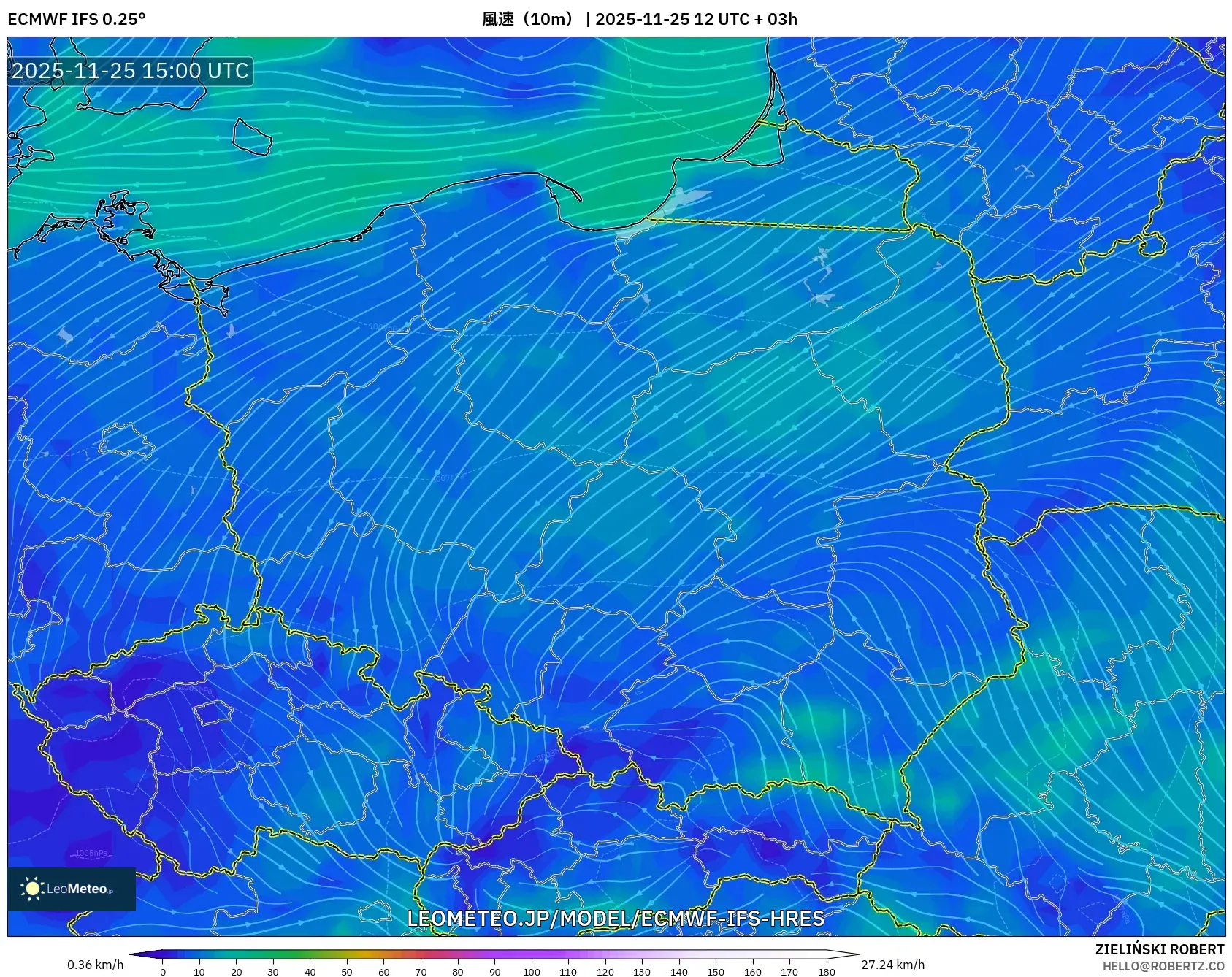 ECMWF IFS 0.25° model - ポーランド, 風速（10m）