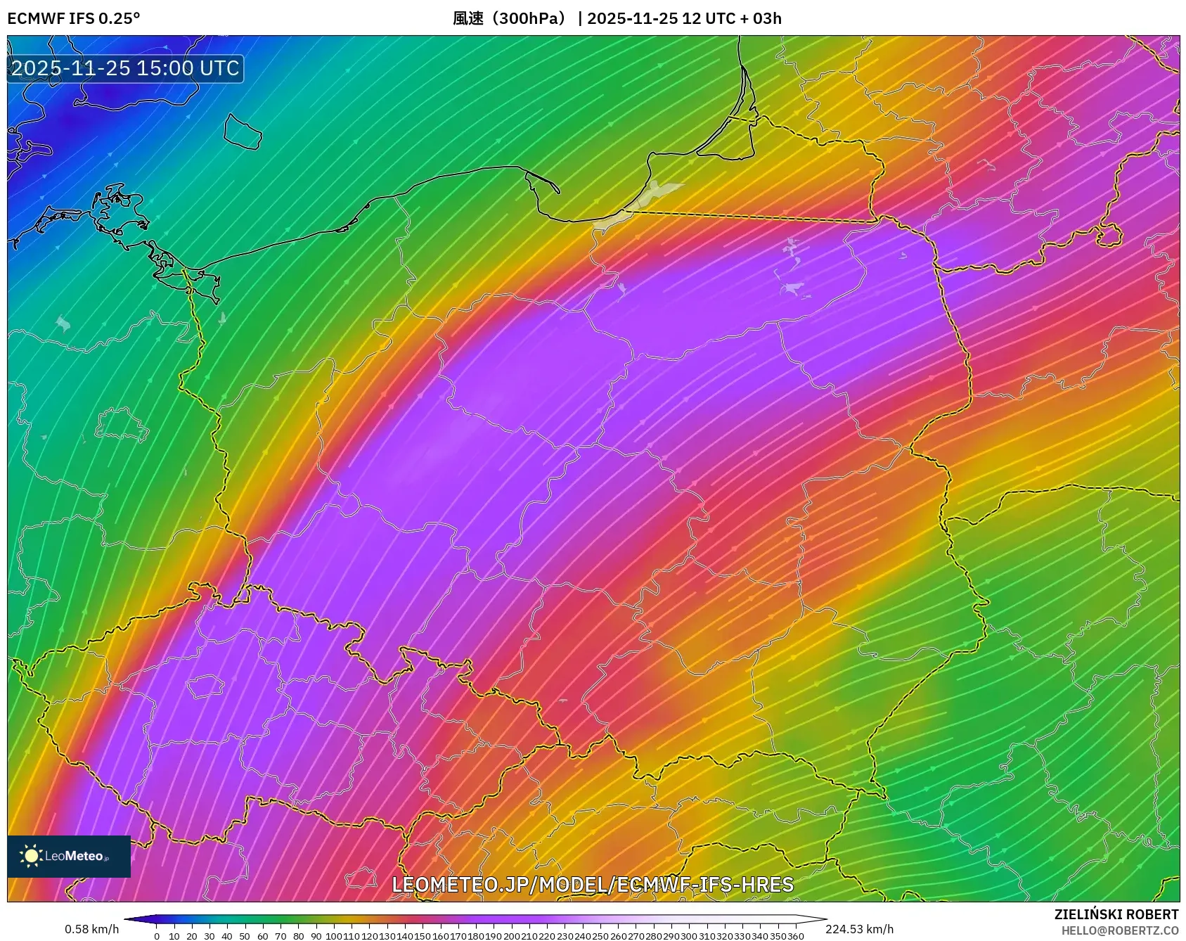 ECMWF IFS 0.25° model - ポーランド, 風速（300hPa）