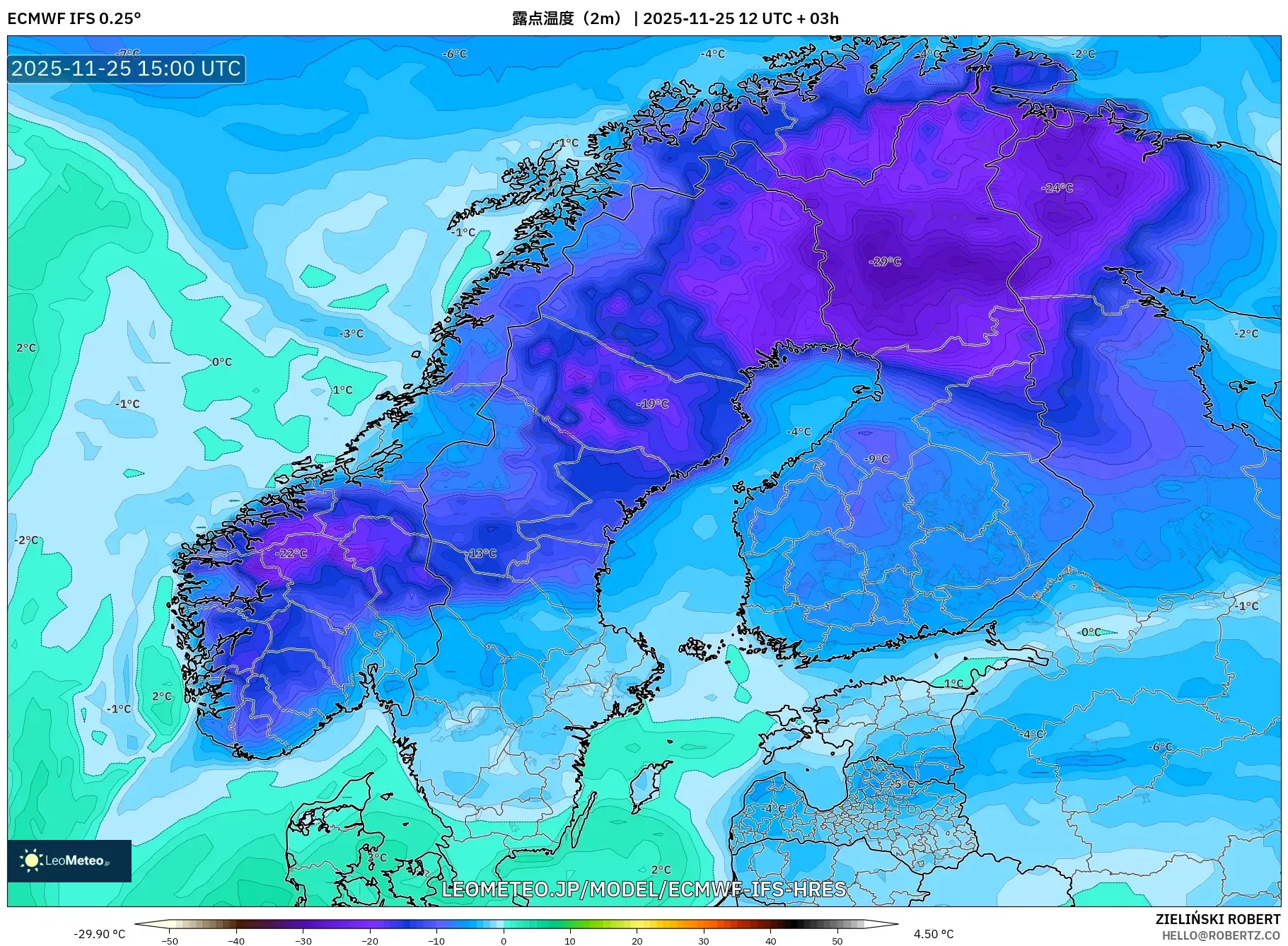 ECMWF IFS 0.25° model - スカンジナビア, 露点温度（2m）
