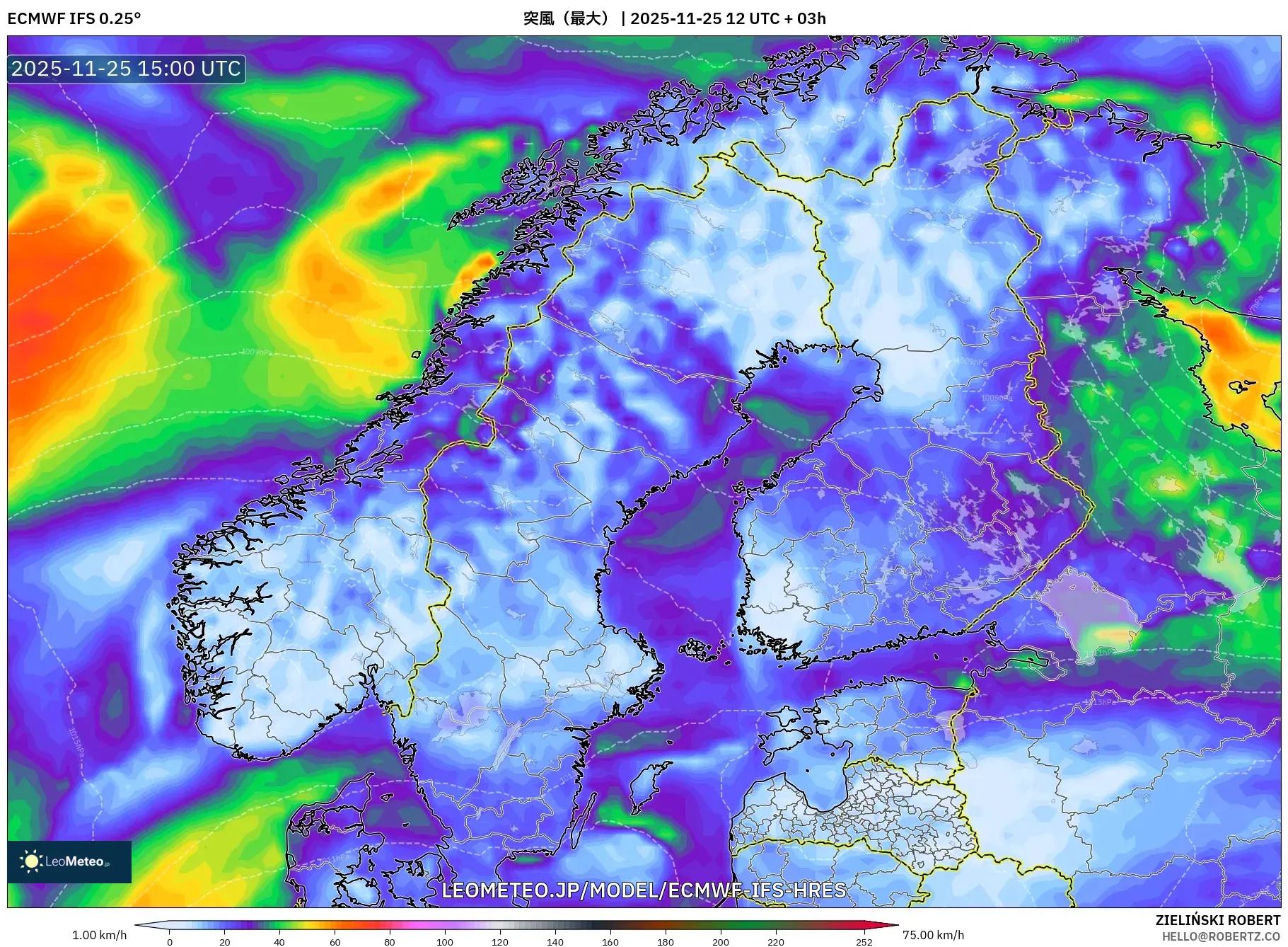 ECMWF IFS 0.25° model - スカンジナビア, 突風（最大）