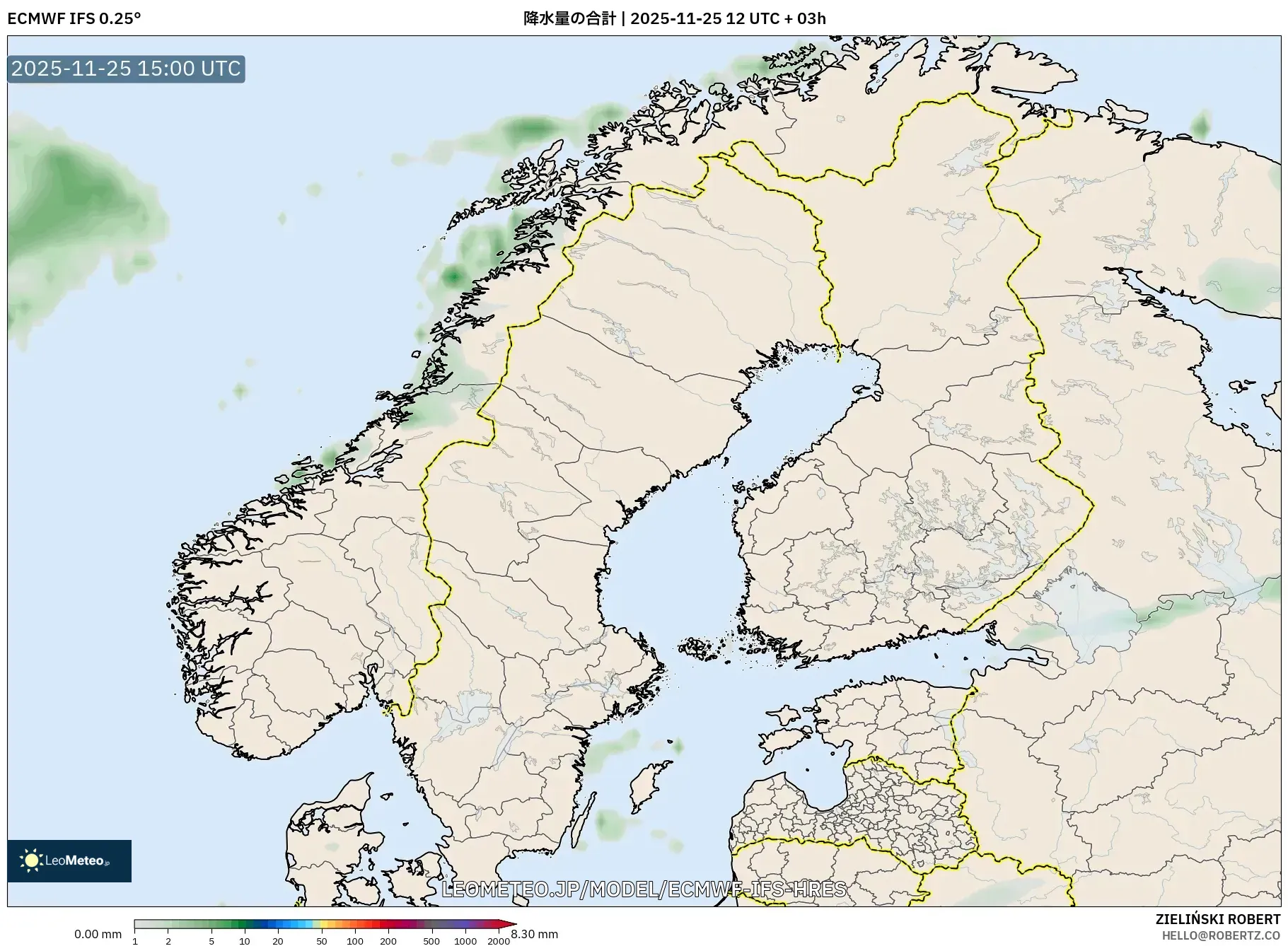 ECMWF IFS 0.25° model - スカンジナビア, 降水量の合計