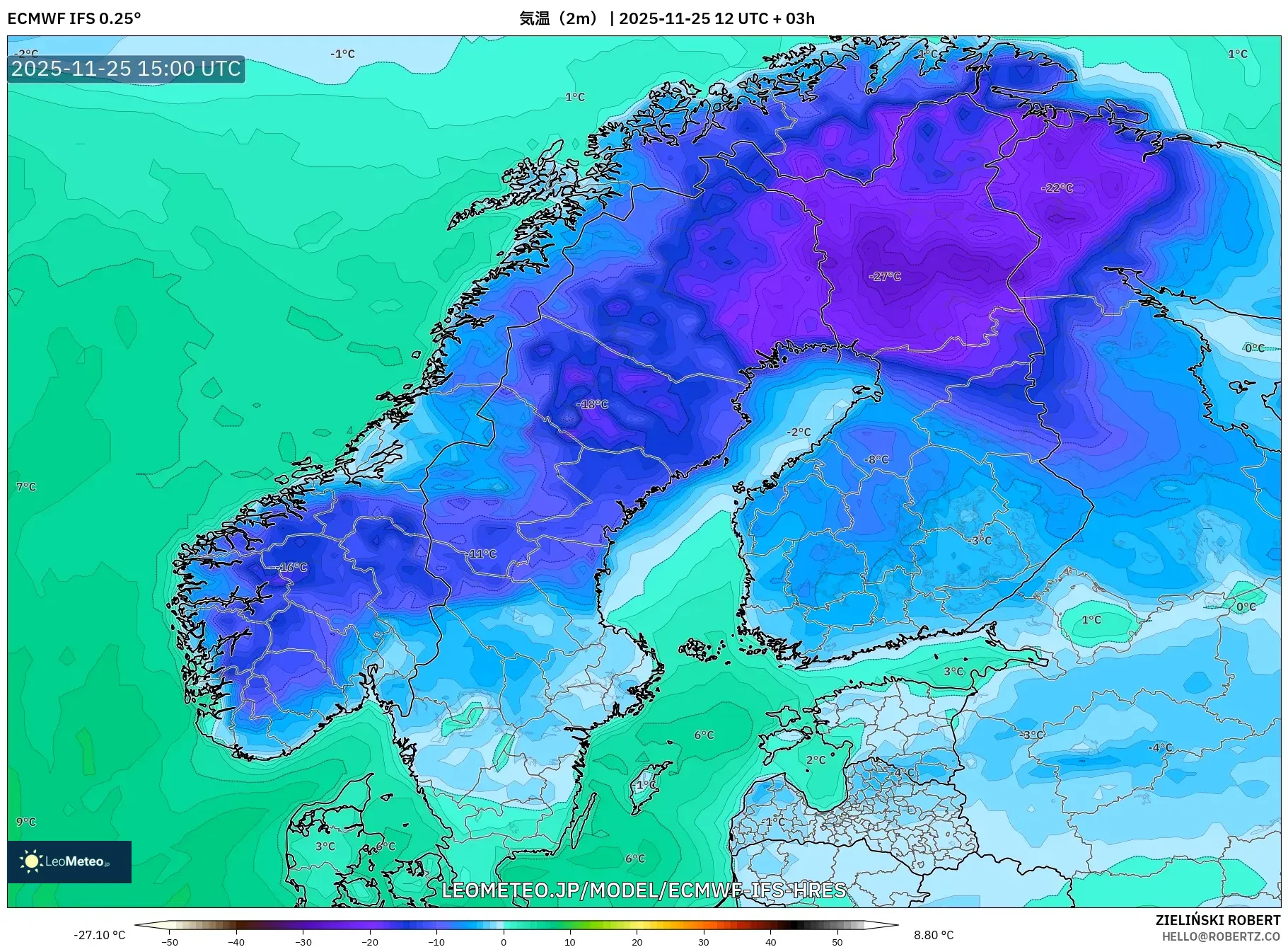 ECMWF IFS 0.25° model - スカンジナビア, 気温（2m）