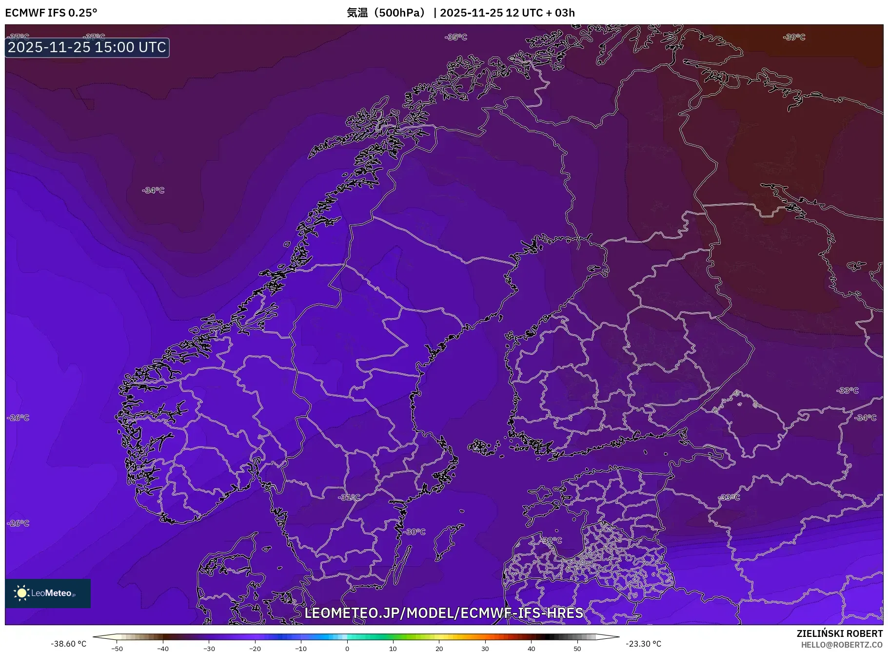 ECMWF IFS 0.25° model - スカンジナビア, 気温（500hPa）