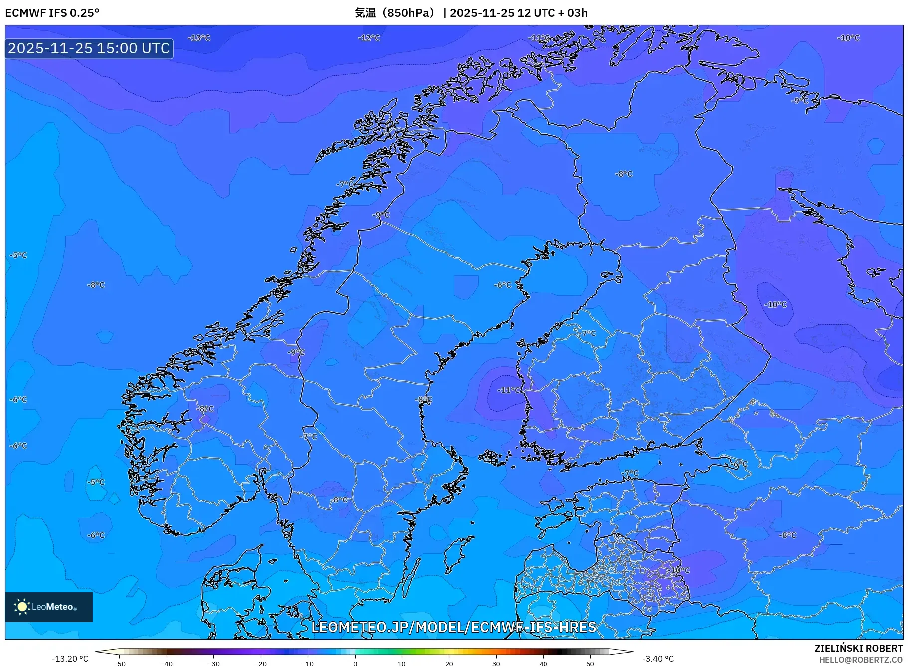 ECMWF IFS 0.25° model - スカンジナビア, 気温（850hPa）